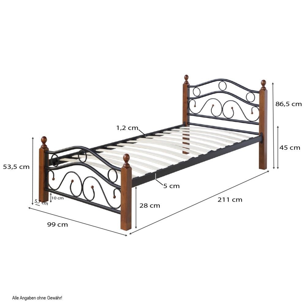 Lit Métallique 90x200 Noir Lit Simple Cadre de Lit pour jeunes sommier à lattes