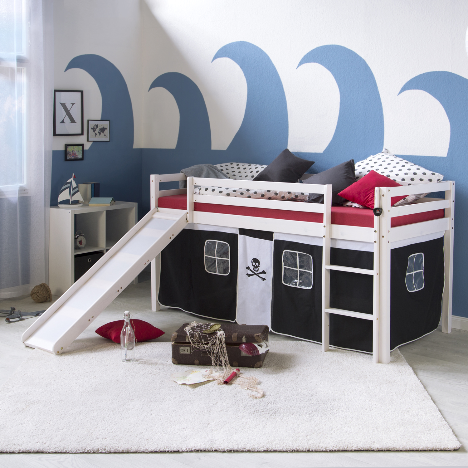 Lit Mezzanine Enfant 90x200 cm Blanc avec Rideau Noir | Toboggan | avec Sommier