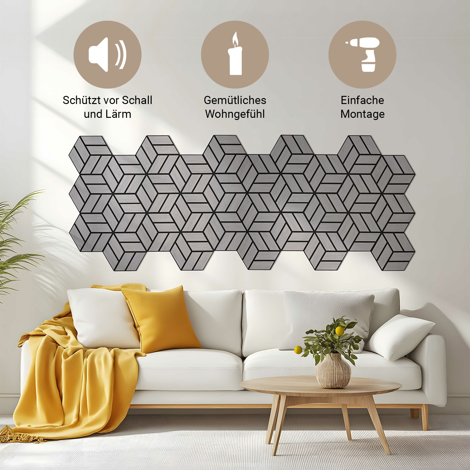 Acoustic Panels Wall Panels Hexagon Honeycomb 30 x 26 cm Grey | Wood | 4-piece Set | 3D Akustikpaneele Holz 30 x 26 cm Braun Grau Natur Paneele Hexagon Wandpaneele 3D Wandpaneel Wandverkleidung Dekorpaneel