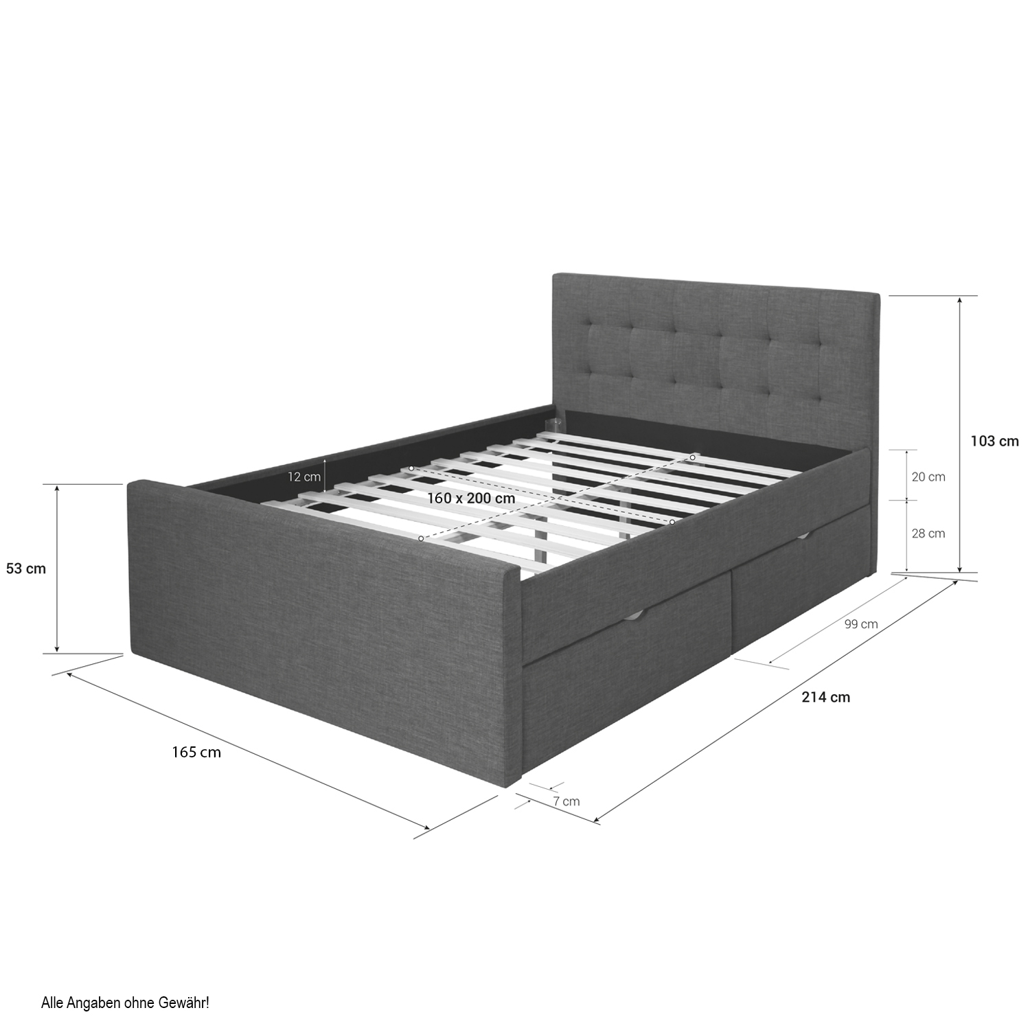Upholstered Bed 160x200 Grey Frame Slatted Frame 2 Drawers