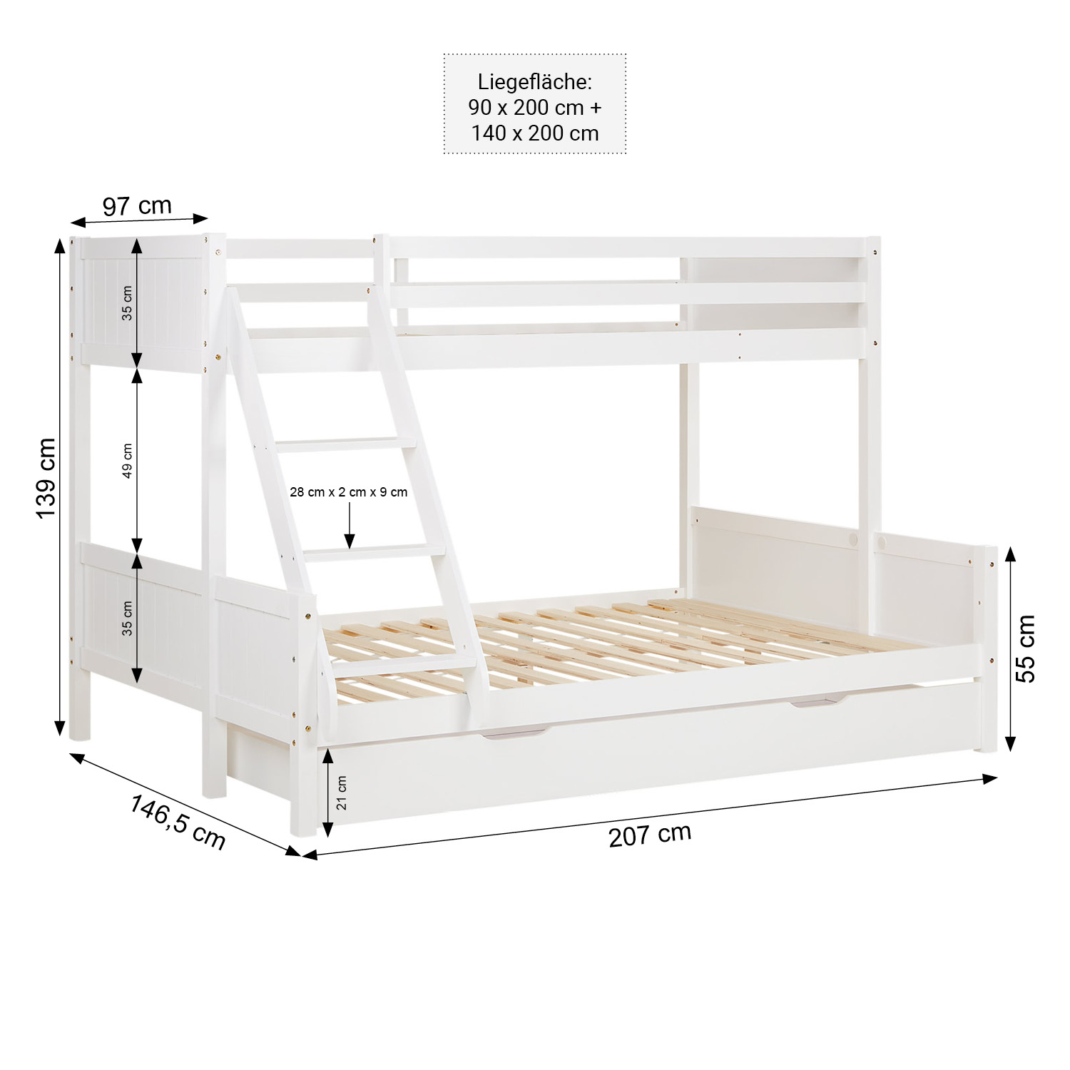 Bunk Bed 2 Sleeping Areas 90x200 cm and 140x200 cm White | with Bed Drawer | with Slatted Frame Bunk Bed with 2 Mattresses Kids Bed 90x200 and 140x200 cm White Wood Cabin Bed High Sleeper Bed Loft Bed Childrens Bed Twin Bed Drawer