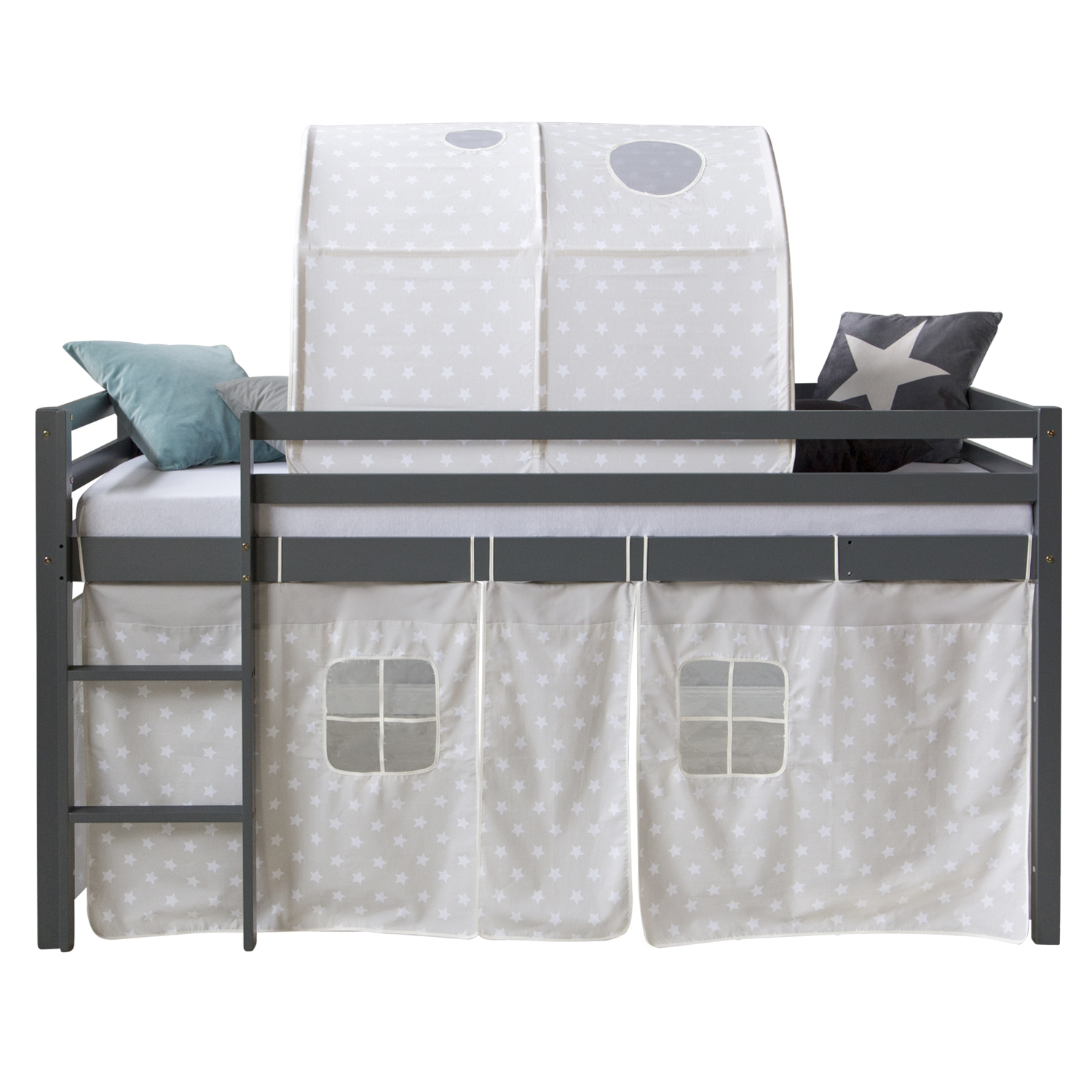 Loft Bed Kids 90x200 cm Gray with Curtain Stars | Tunnel | without Slatted Frame