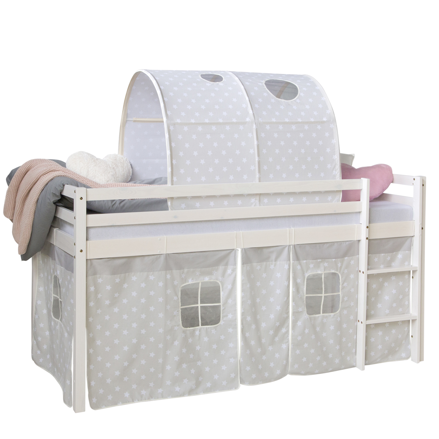 Loft Bed Kids 90x200 cm White with Curtain Stars | Tunnel | without Slatted Frame Loftbed 90x200 cm Bunk bed Childrens bed Solid Pine Wood Tower Tunnel Curtain Grey Stars Slide Mattress Slats