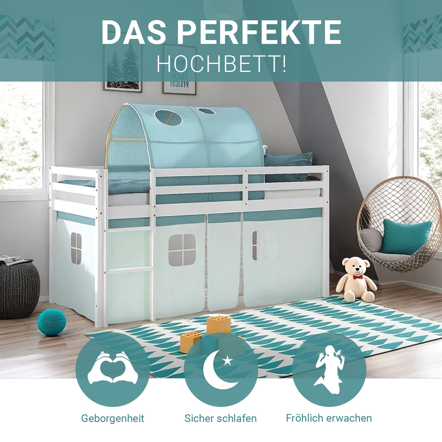 Loft Bed for Kids 90x200 cm White with Curtain in Mint Green | Tunnel | with Slatted Frame and Mattress