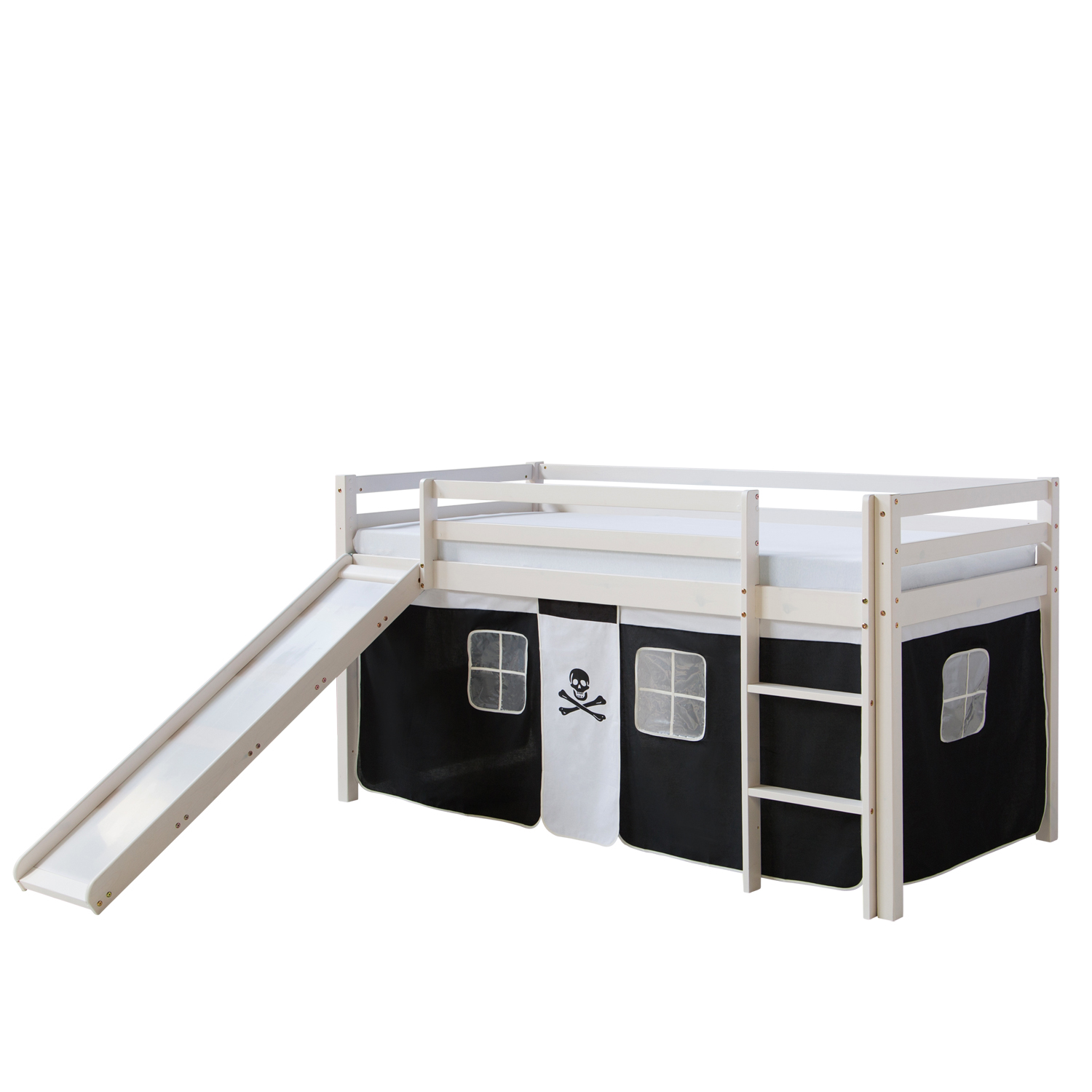 Loft Bed Kids 90x200 cm White with Curtain in Black | Slide | without Slatted Frame Loftbed 90x200 cm with Slide Mattress Bunk bed Childrens bed Solid Pine Wood Slats Curtain Black Pirate