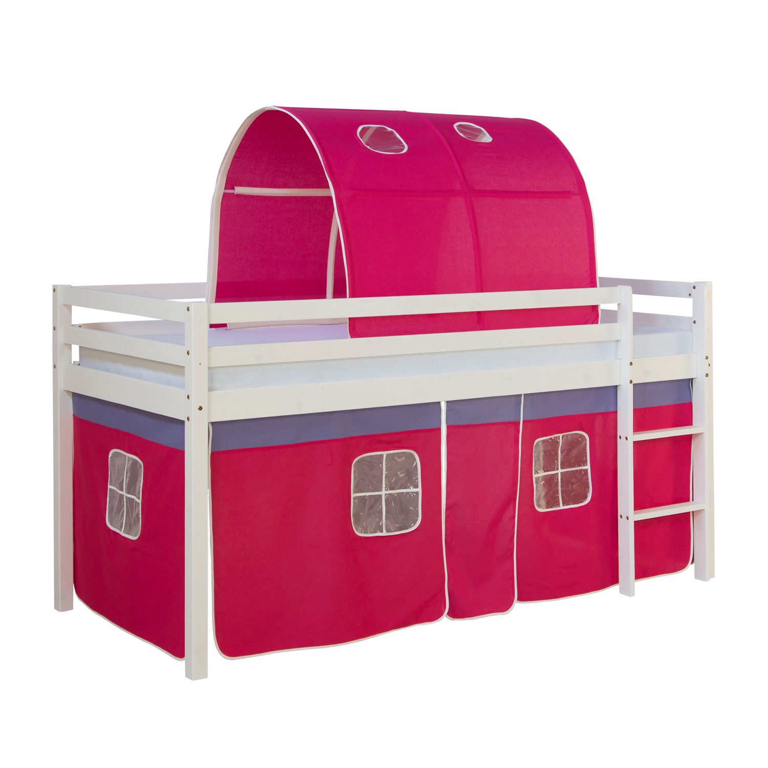 Loft Bed Kids 90x200 cm White with Curtain in Pink | Tunnel | without Slatted Frame Loft Bed Kids 90x200 cm White with Curtain in Pink | Tunnel | without Slatted Frame