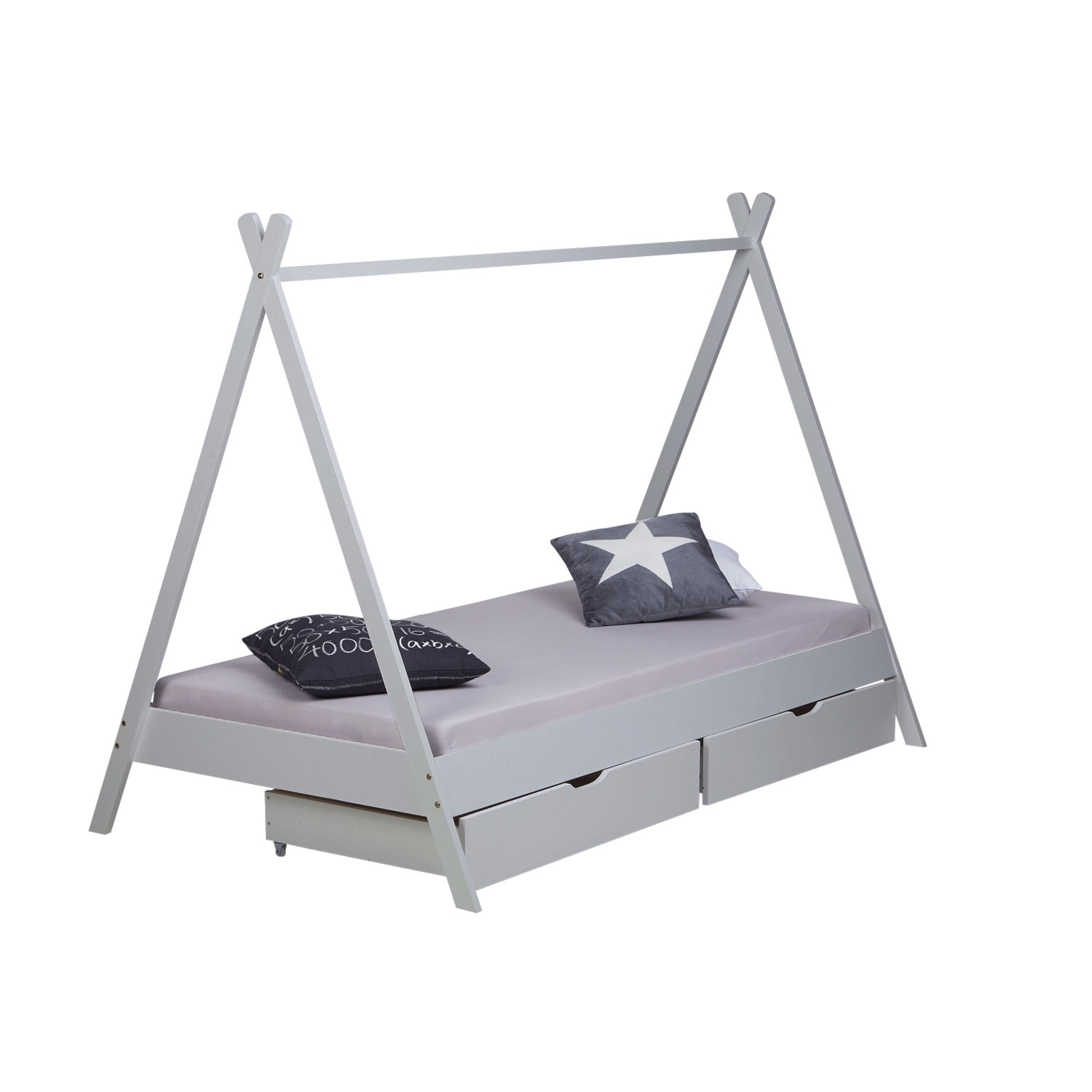 Children's Bed 90x200 cm Gray Gray Fabric | Tent Bed with Drawers | Single Bed | with Slatted Frame | Wood