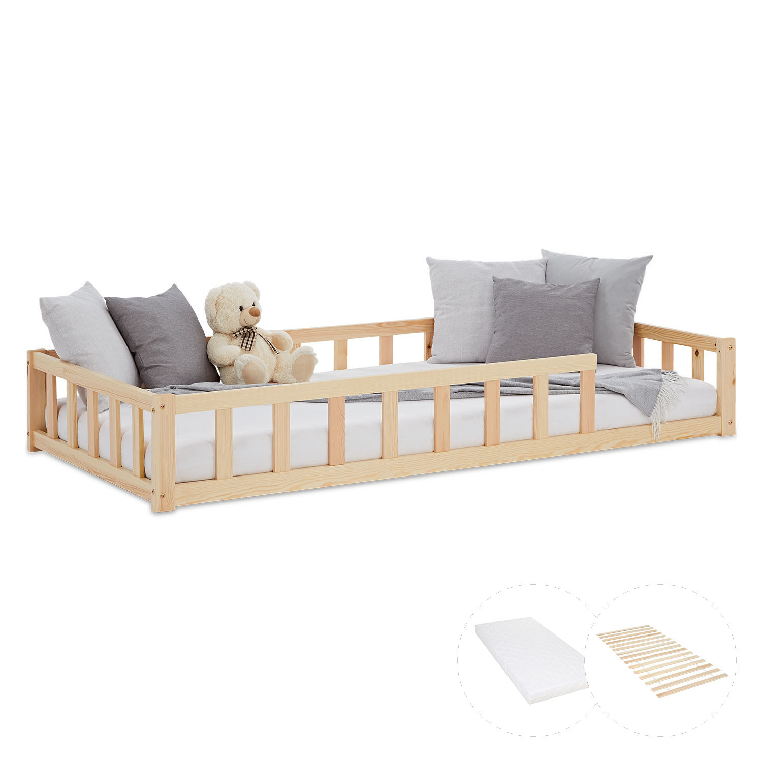 Children's Bed 90x200 Natural | Floor Bed with Mattress & Slatted Frame | with Fall Protection | Montessori