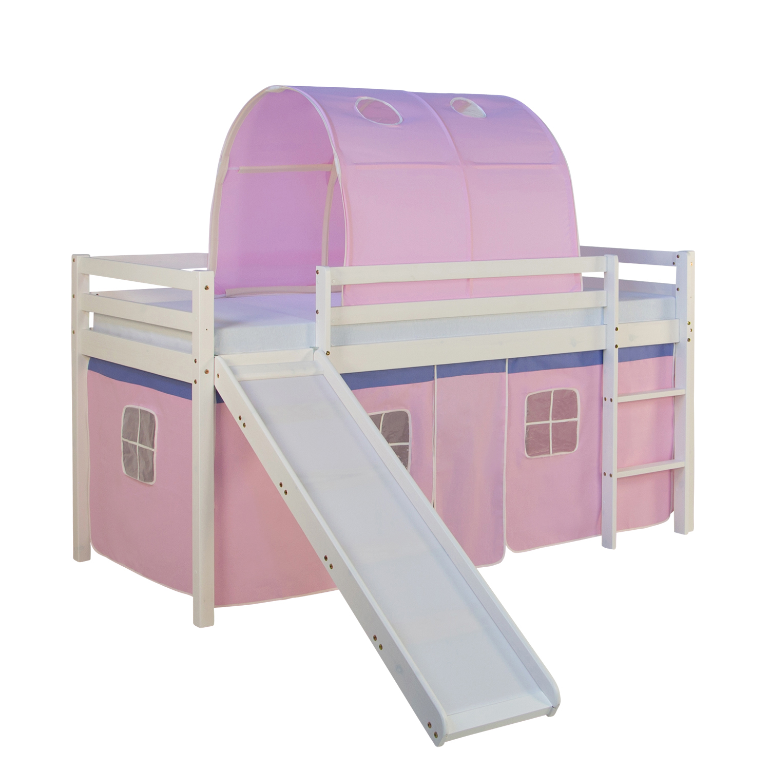 Loftbed 90x200 cm Bunk bed Childrens bed Solid Pine Wood Tower Tunnel Curtain Pink Slide Mattress Slats Loft Bed Kids 90x200 cm White with Curtain in Pink | Tunnel | Slide | with Slatted Frame