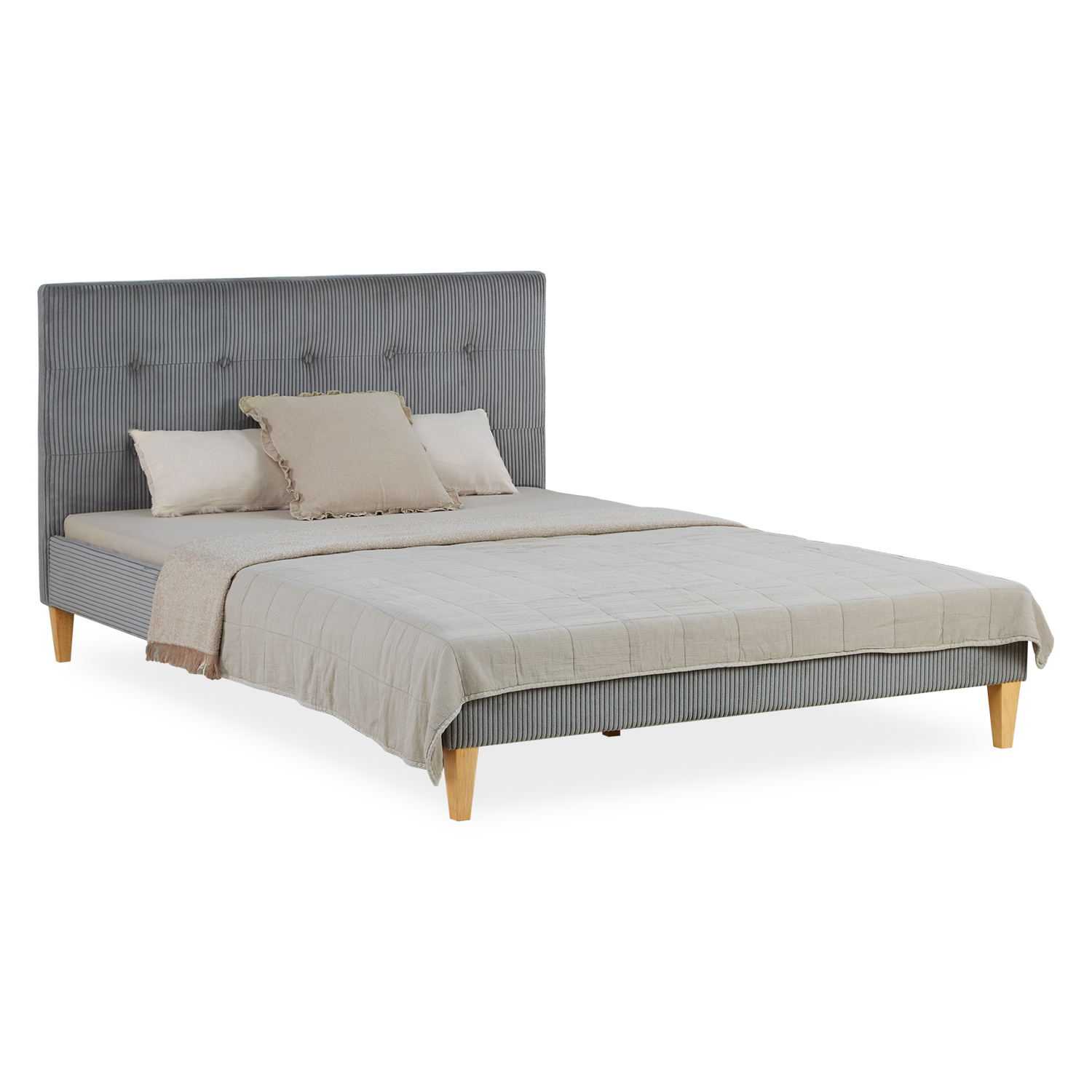 Small Double Bed 140x200 cm Grey Cord Upholstered Bed with Slatted Frame Fabric Bed Frame