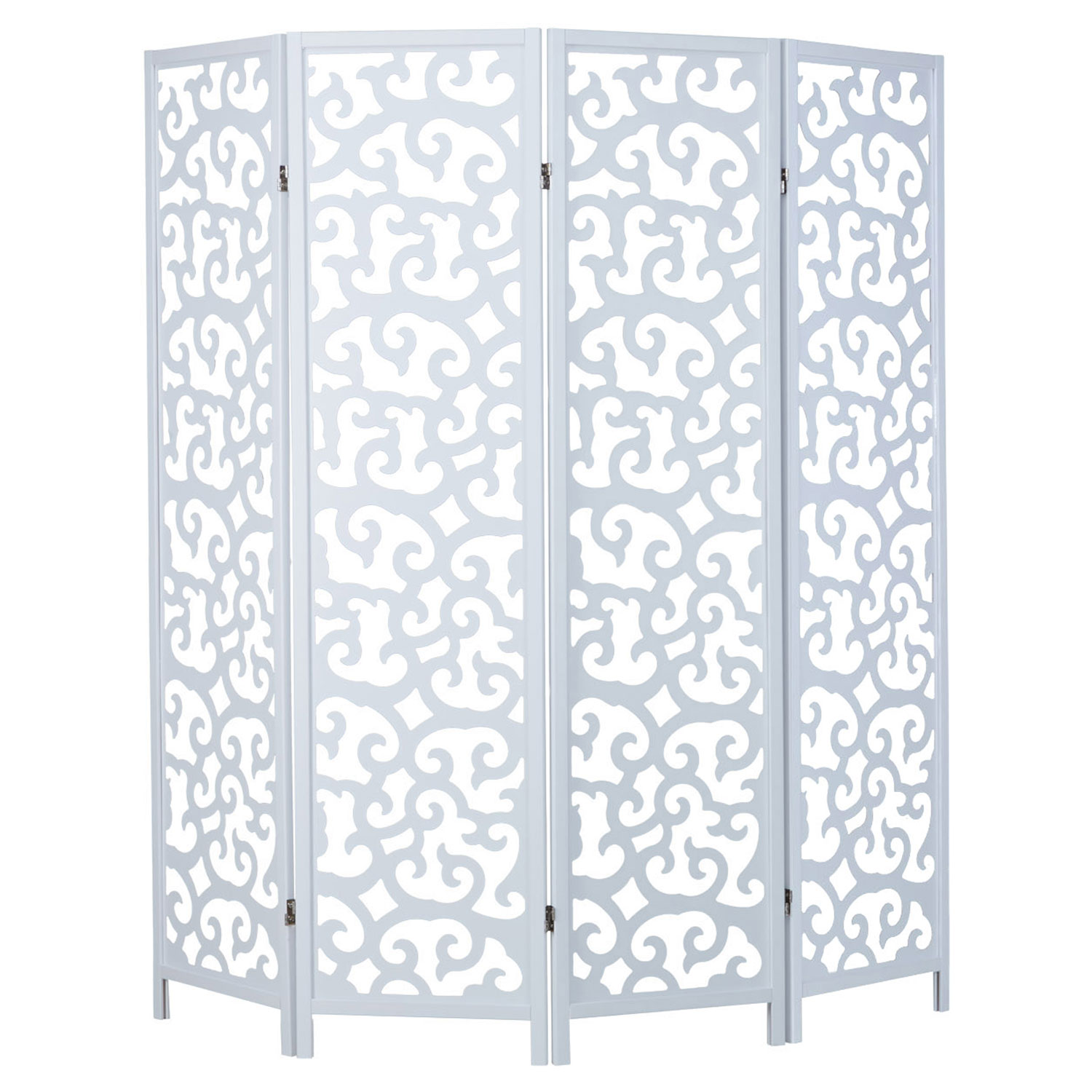 Paravent White with decoration | 4-panel | Wood | Room Divider Partition Privacy Screen