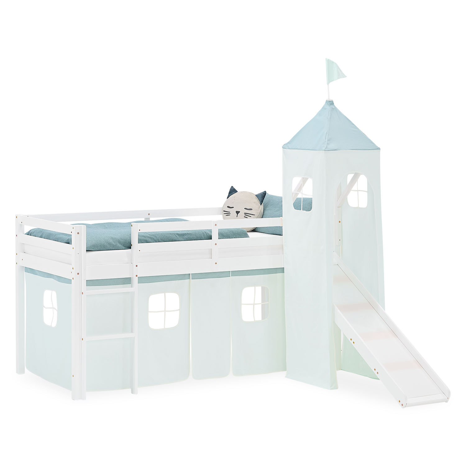 Loft Bed for Kids 90x200 cm White with Curtain in Mint Green | Slide | Tower | without Slatted Frame
