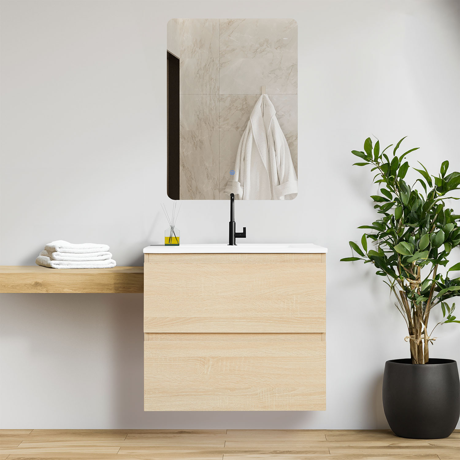 Meuble salle de bain Meuble vasque 60 cm Bois Chêne Naturelle Rangement Meuble lavabo Plan vasque Console de salle de bain