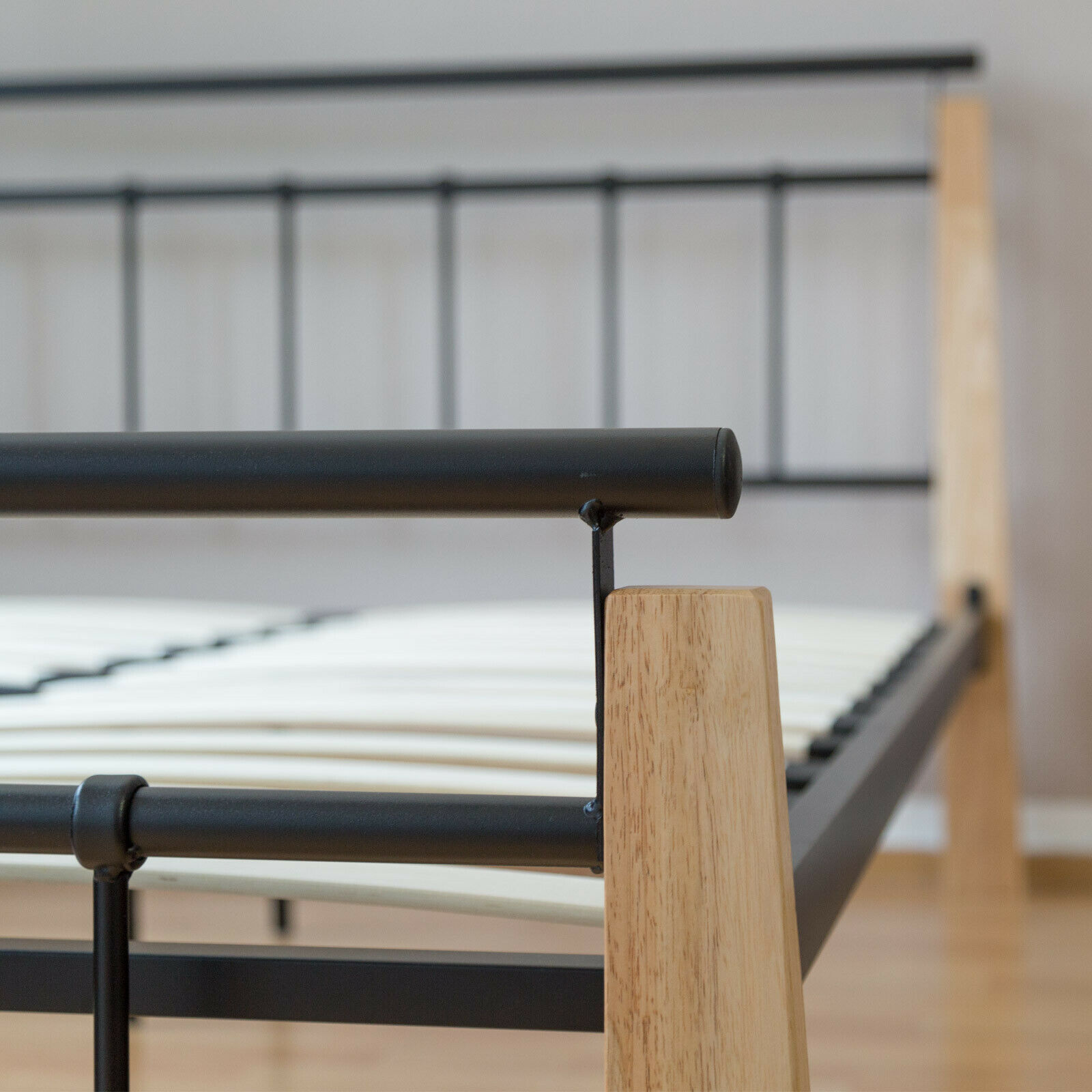 Metal Bed Iron Bed Double 180 x 200 Wood Slatted black natural bed frame 5072