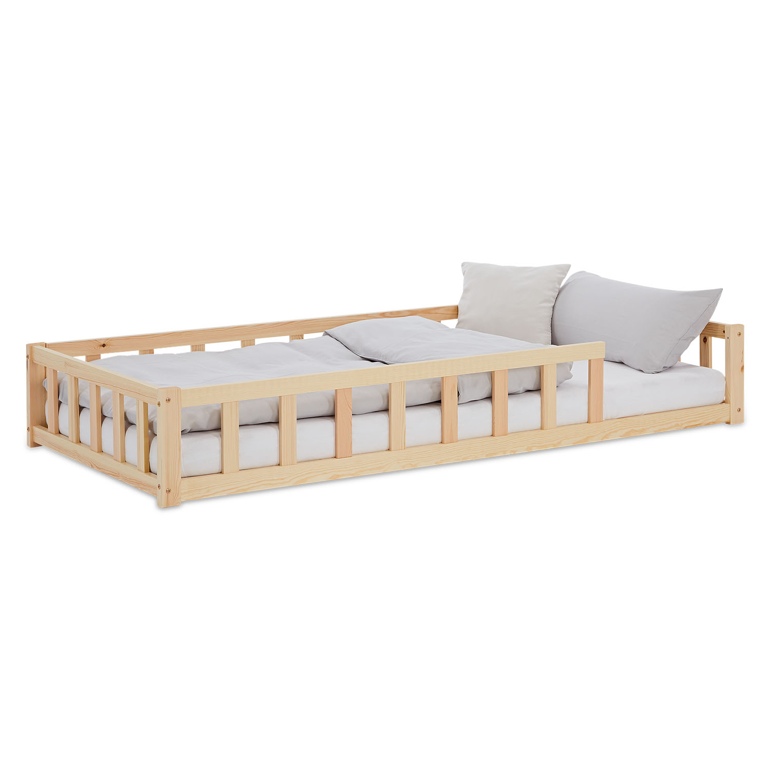 Children's Bed 90x200 Natural | Floor Bed with Slatted Frame | with Fall Protection | Montessori