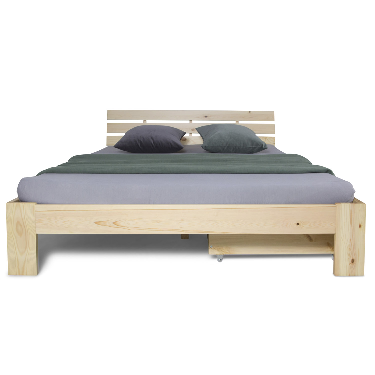 Wood Bed 140x200 cm Natural | Double Bed with Storage Drawer | with Slatted Frame | Solid | Kids Youth Guest Bedroom