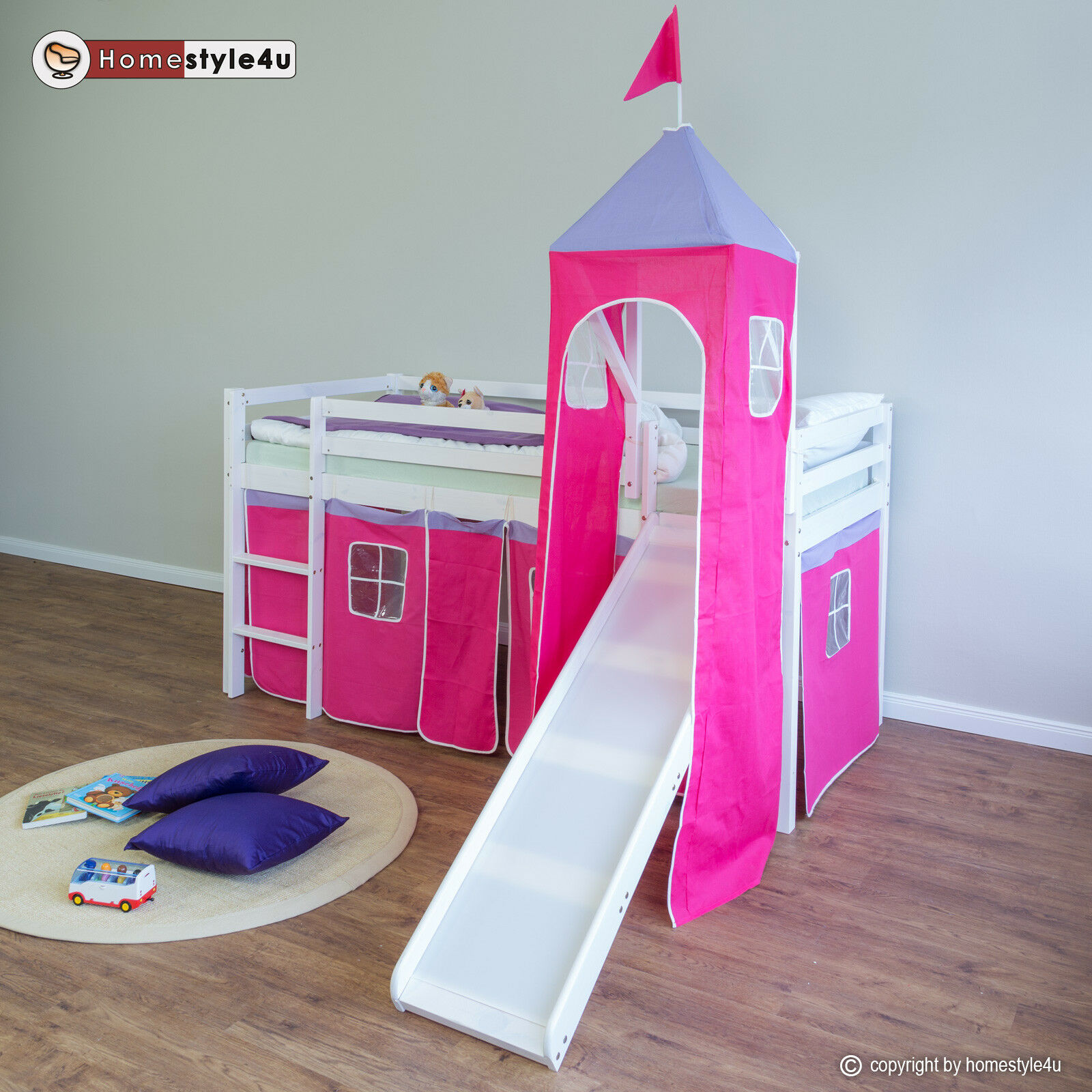 Hochbett Kinder 90x200 cm Weiß mit Vorhang in Pink | Turm | Rutsche | ohne Lattenrost