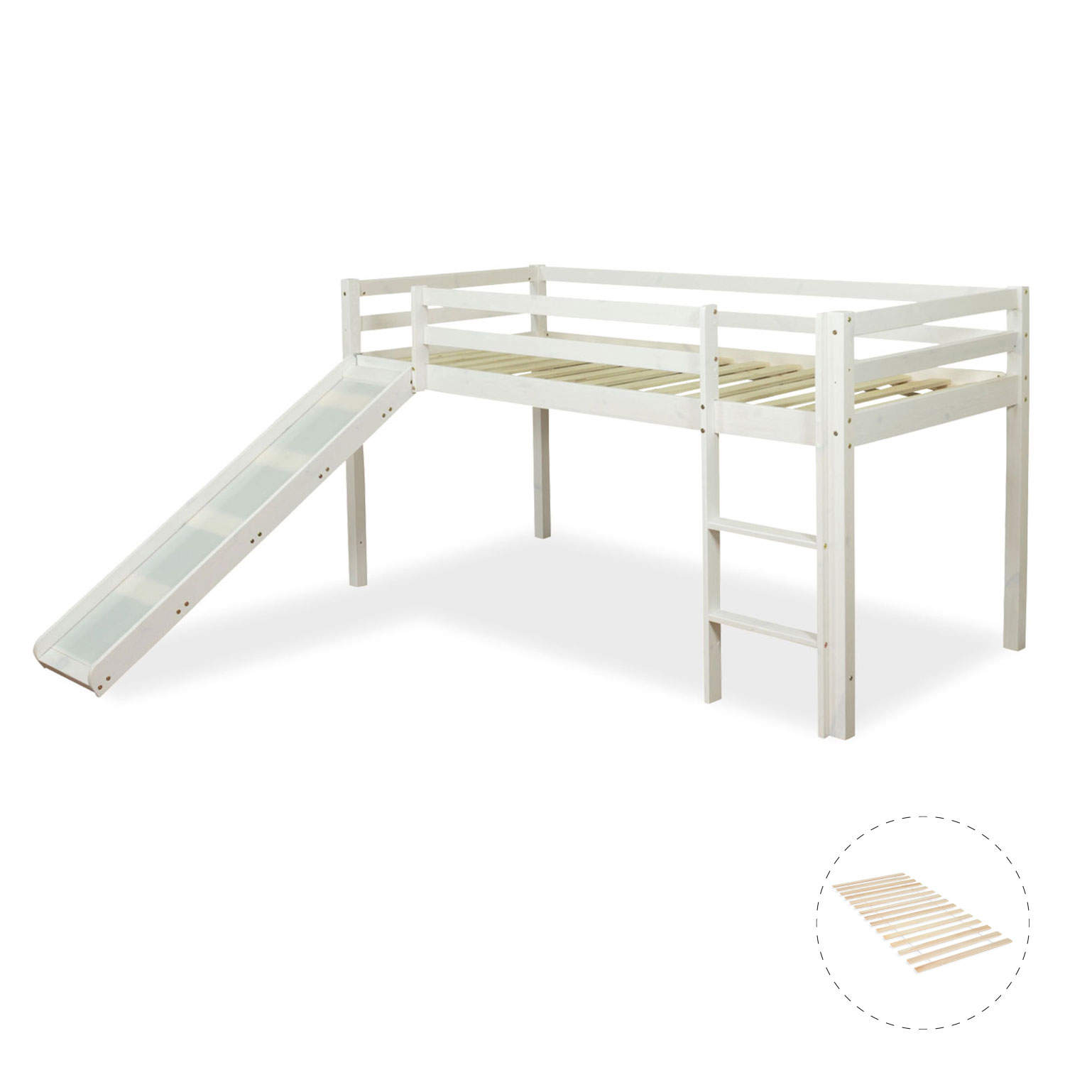 Loft Bed Kids 90x200 cm White Basic | Slide | with Slatted Frame Loft Bed Kids 90x200 cm White Basic | Slide | with Slatted Frame