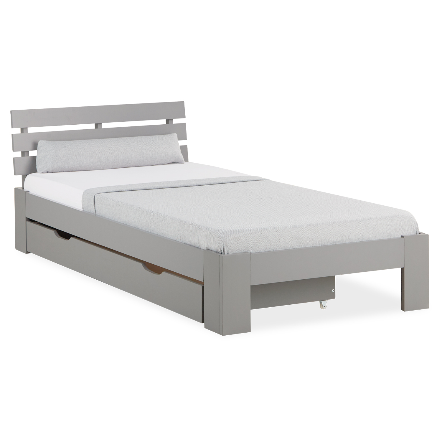 Wood Bed 90x200 cm Gray | Single Bed with Storage Drawer | with Slatted Frame | Solid | Kids Youth Guest Bedroom