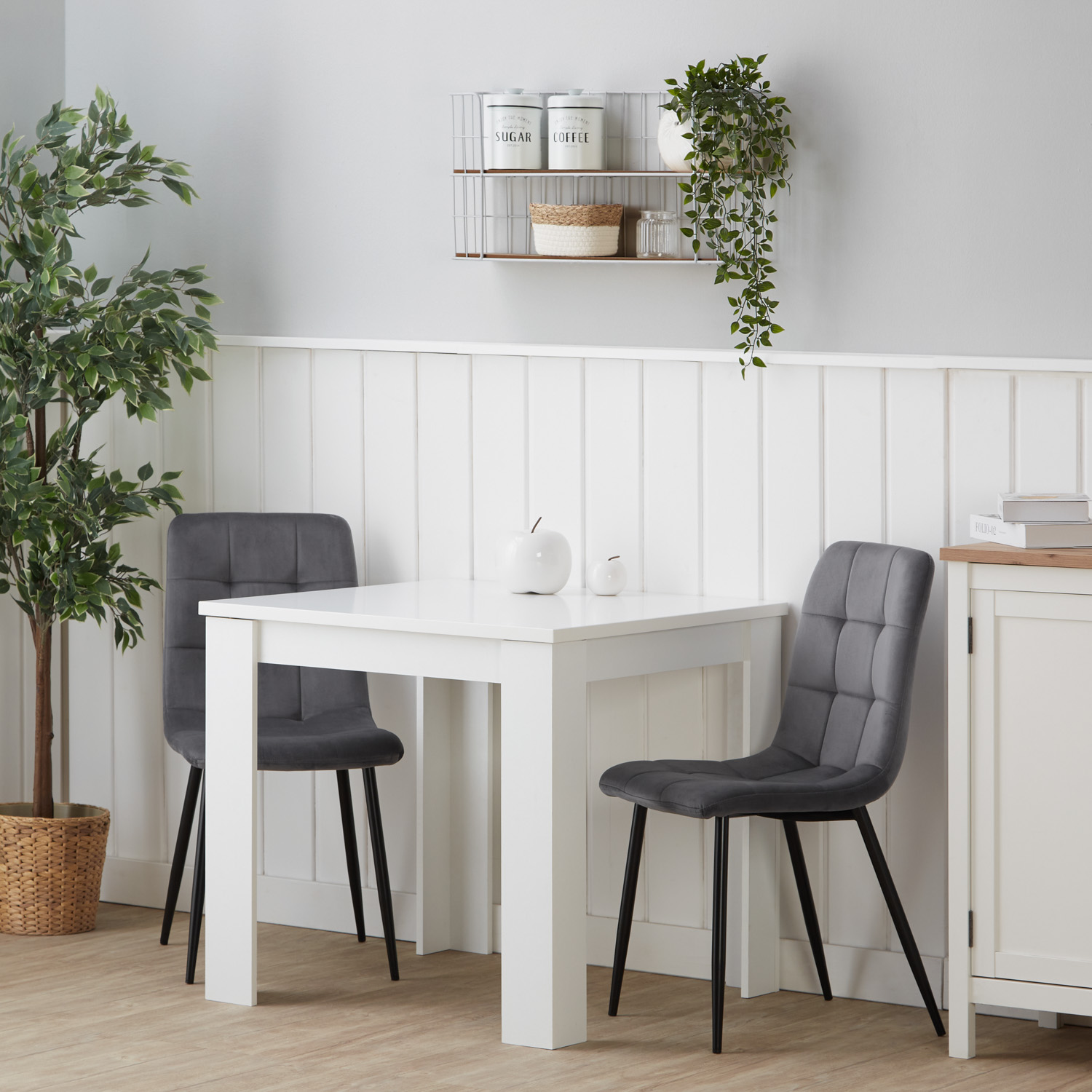 Modern Dining Table White 80x80 cm with 2 Chairs Grey Velvet Dining Room Table Wooden Table
