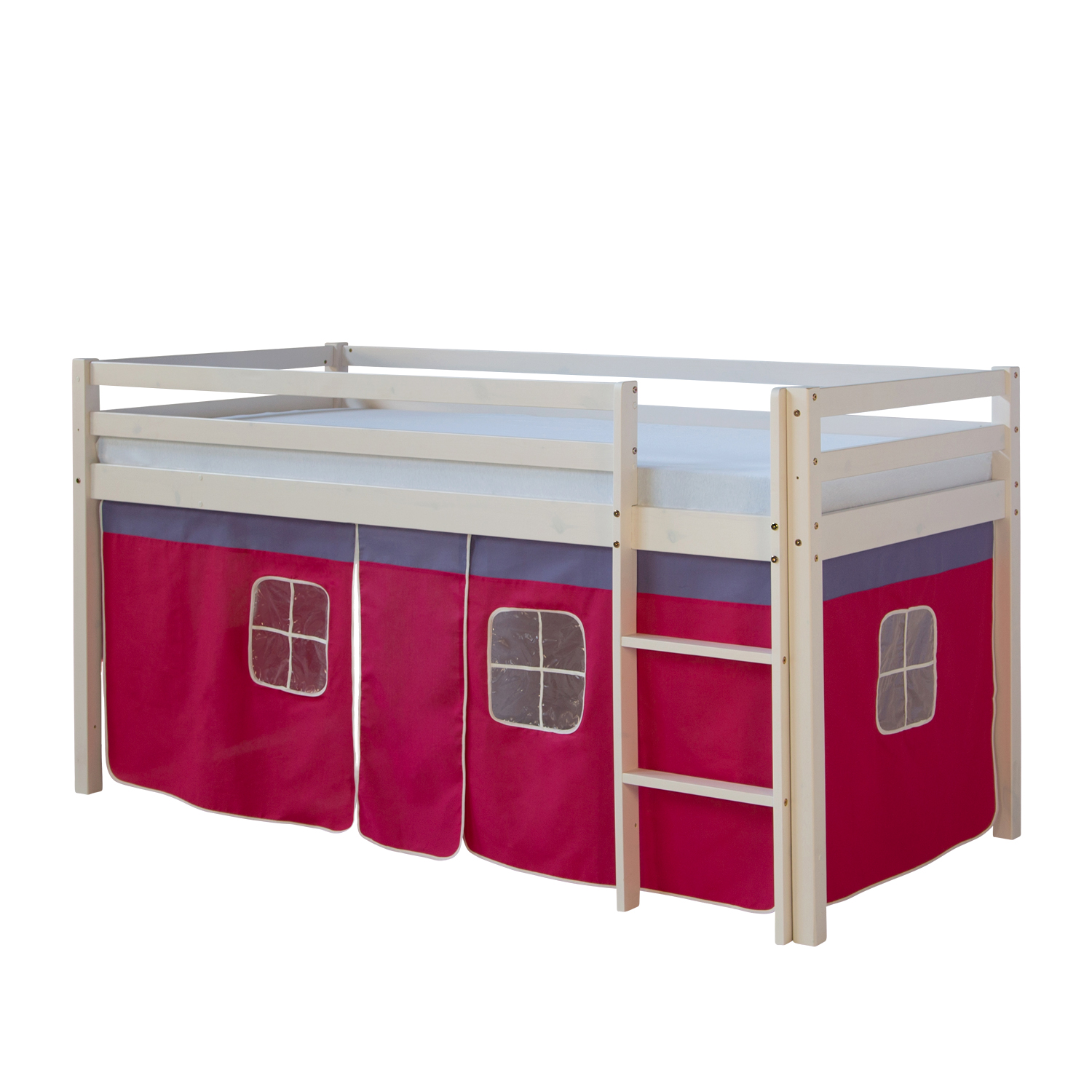 Hochbett mit Matratze 90x200 Spielbett Kinderbett Leiter Holz Kiefer Vorhang Pink Jugendbett Lattenrost