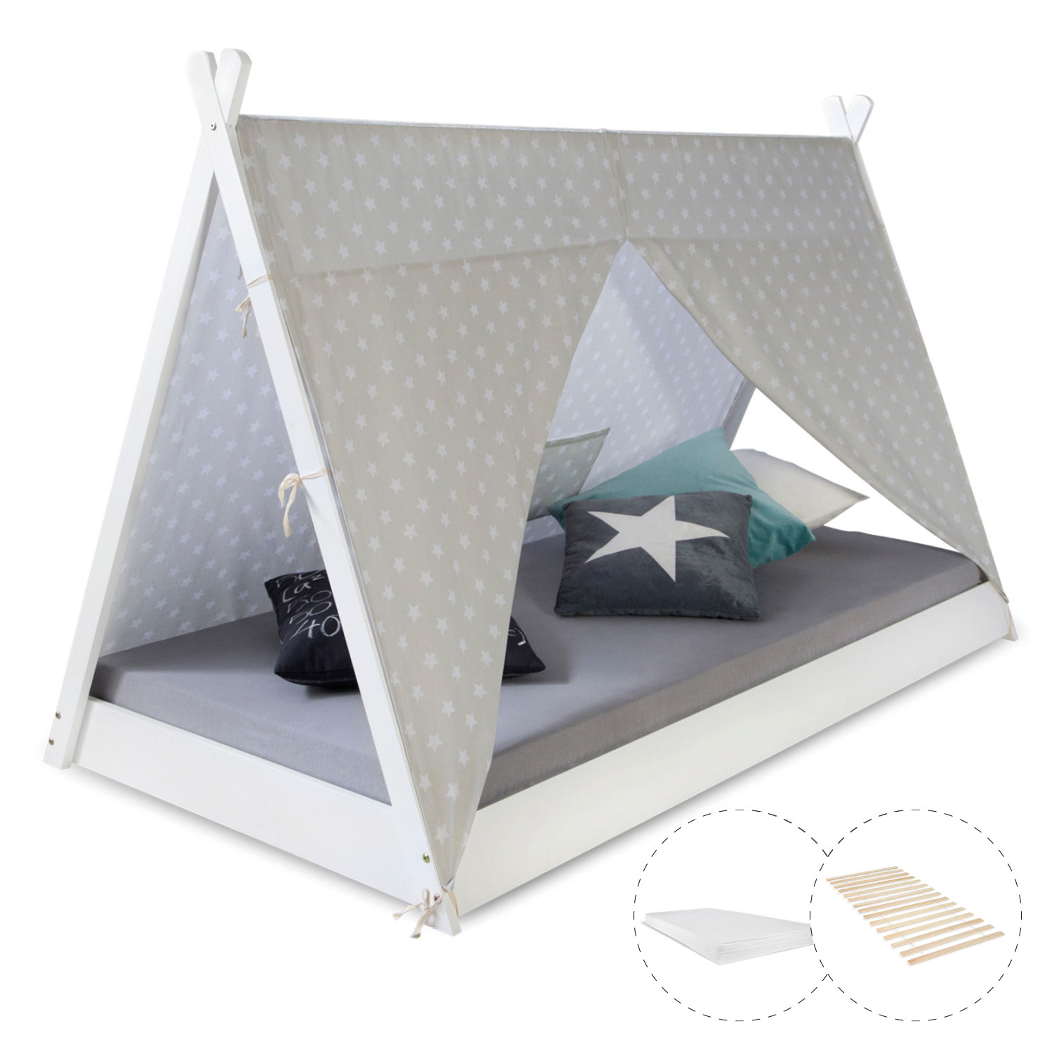 Children bed tipi with mattress tent bed 90x200 youth bed white grey canvas stars