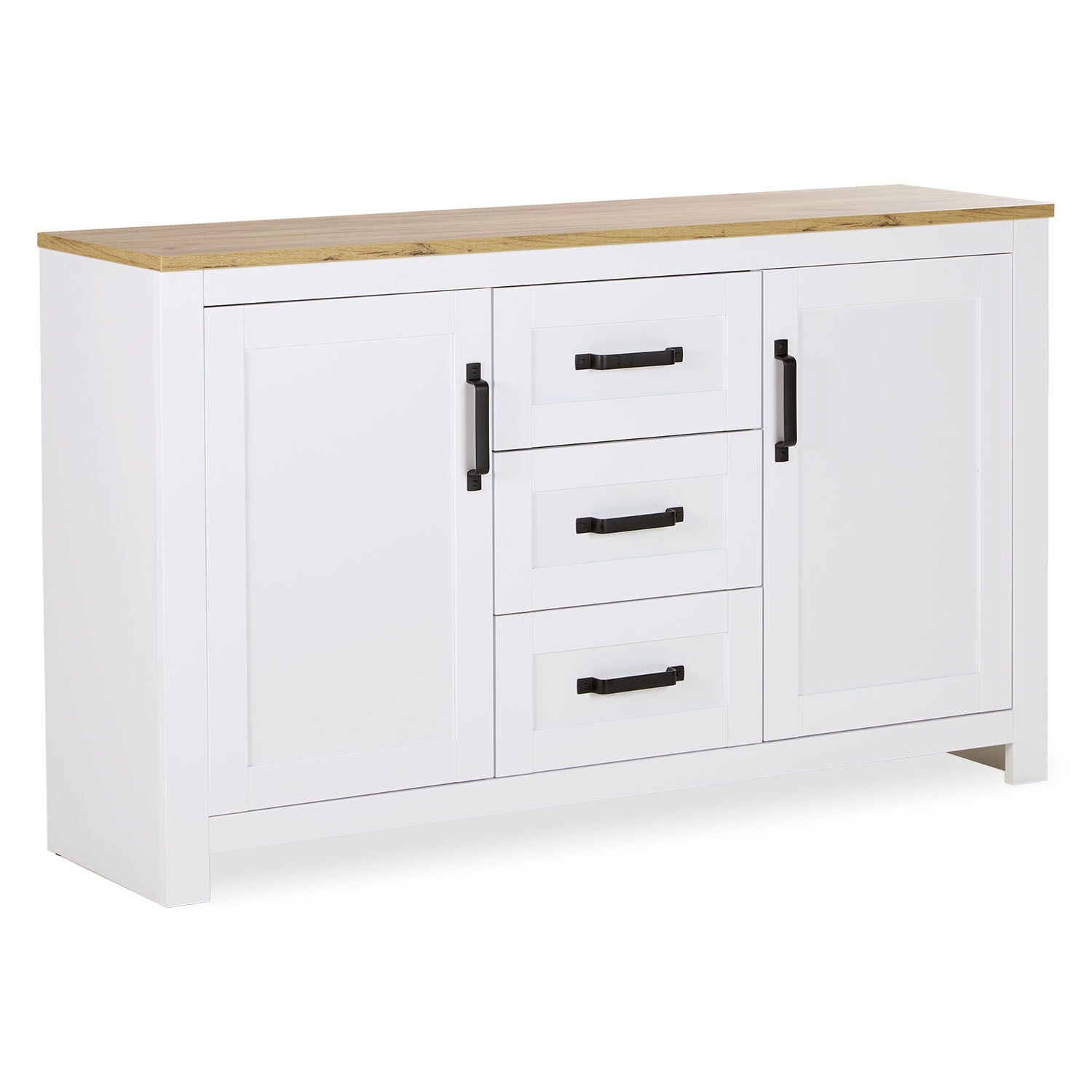 Commode Moderne Buffet Blanc 150 cm en Bois Chêne Massif Armoire Salon avec 3 Tiroirs Sideboard Meuble Rangement