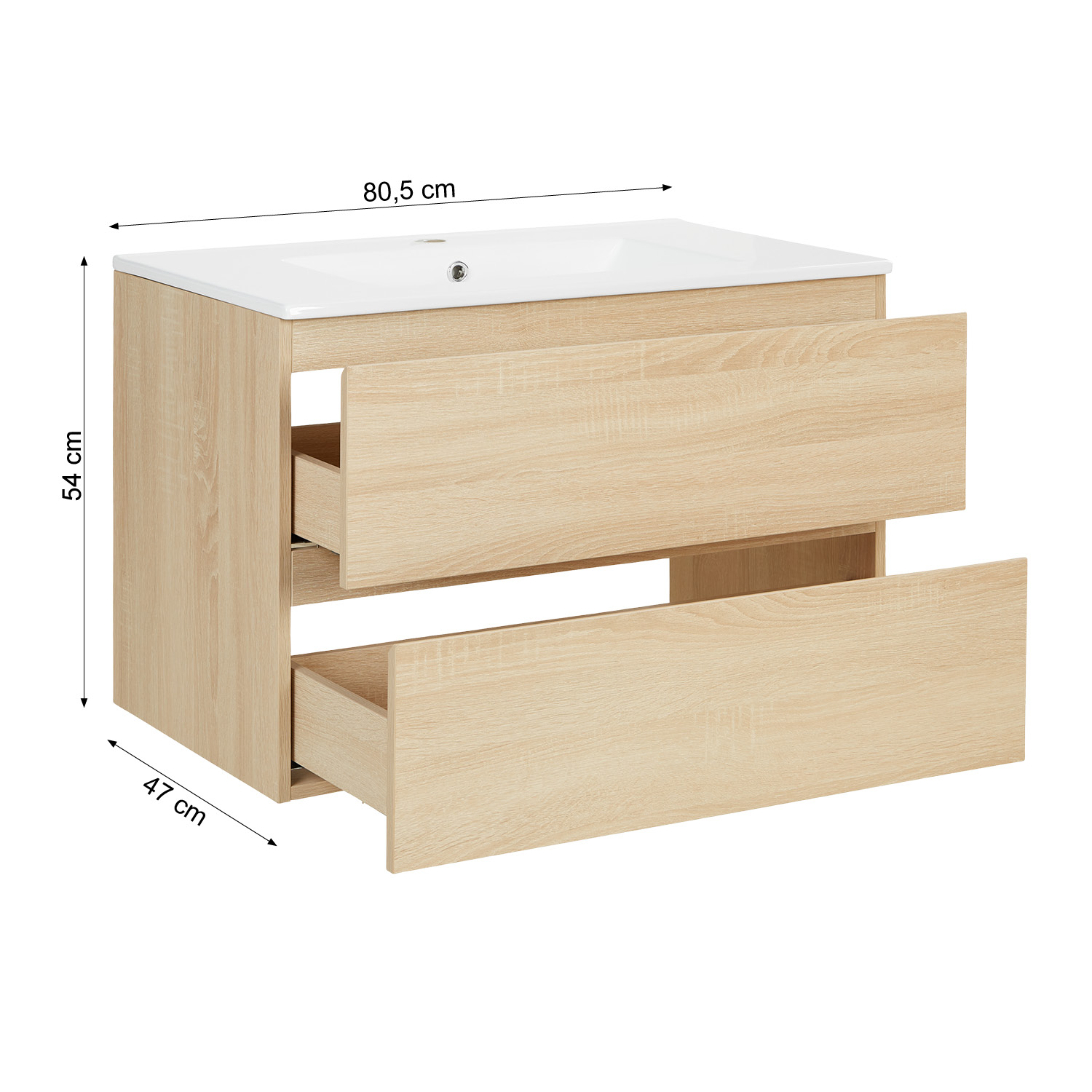 Bathroom cabinet 80 cm Natural Wood Oak Storage Vanity unit Bathroom furniture Sink unit Washroom wall cabinet 