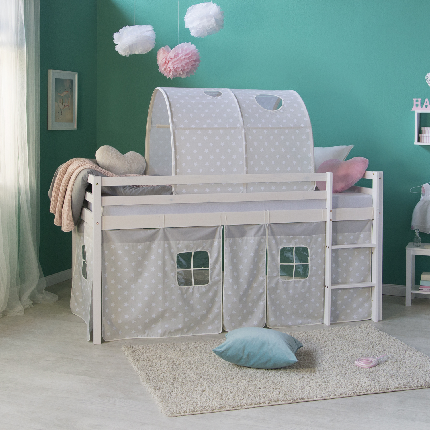 Loft Bed Kids 90x200 cm White with Curtain Stars | Tunnel | without Slatted Frame Loftbed 90x200 cm Bunk bed Childrens bed Solid Pine Wood Tower Tunnel Curtain Grey Stars Slide Mattress Slats