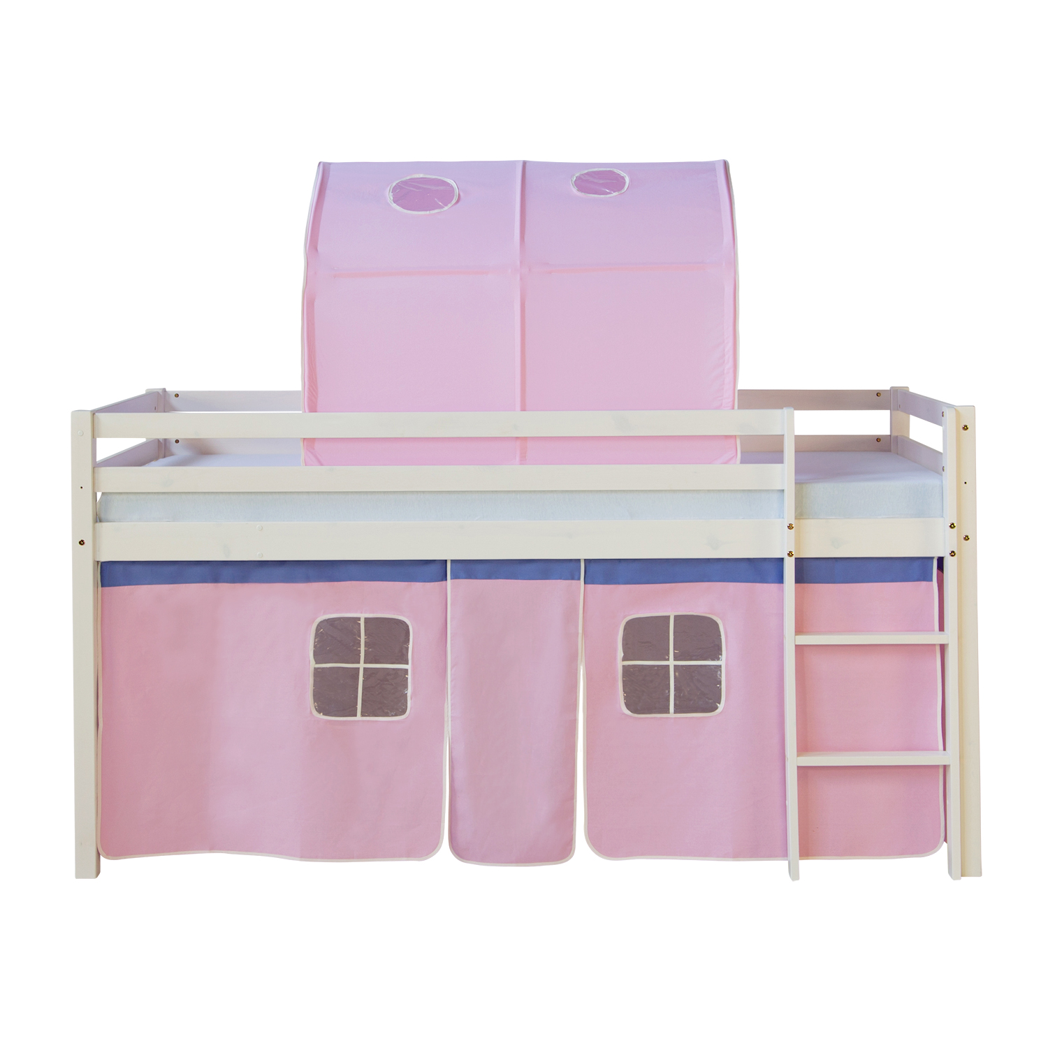Loft Bed Kids 90x200 cm White with Curtain in Pink | Tunnel | with Slatted Frame Loft Bed Kids 90x200 cm White with Curtain in Pink | Tunnel | with Slatted Frame