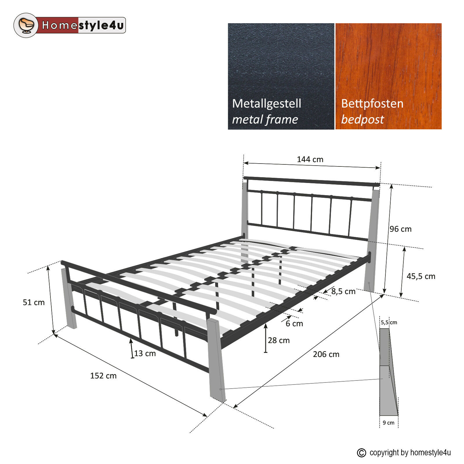 Metallbett 180 x 200 Bettgestell Doppelbett Bettrahmen + Lattenrost 5072 schwarz