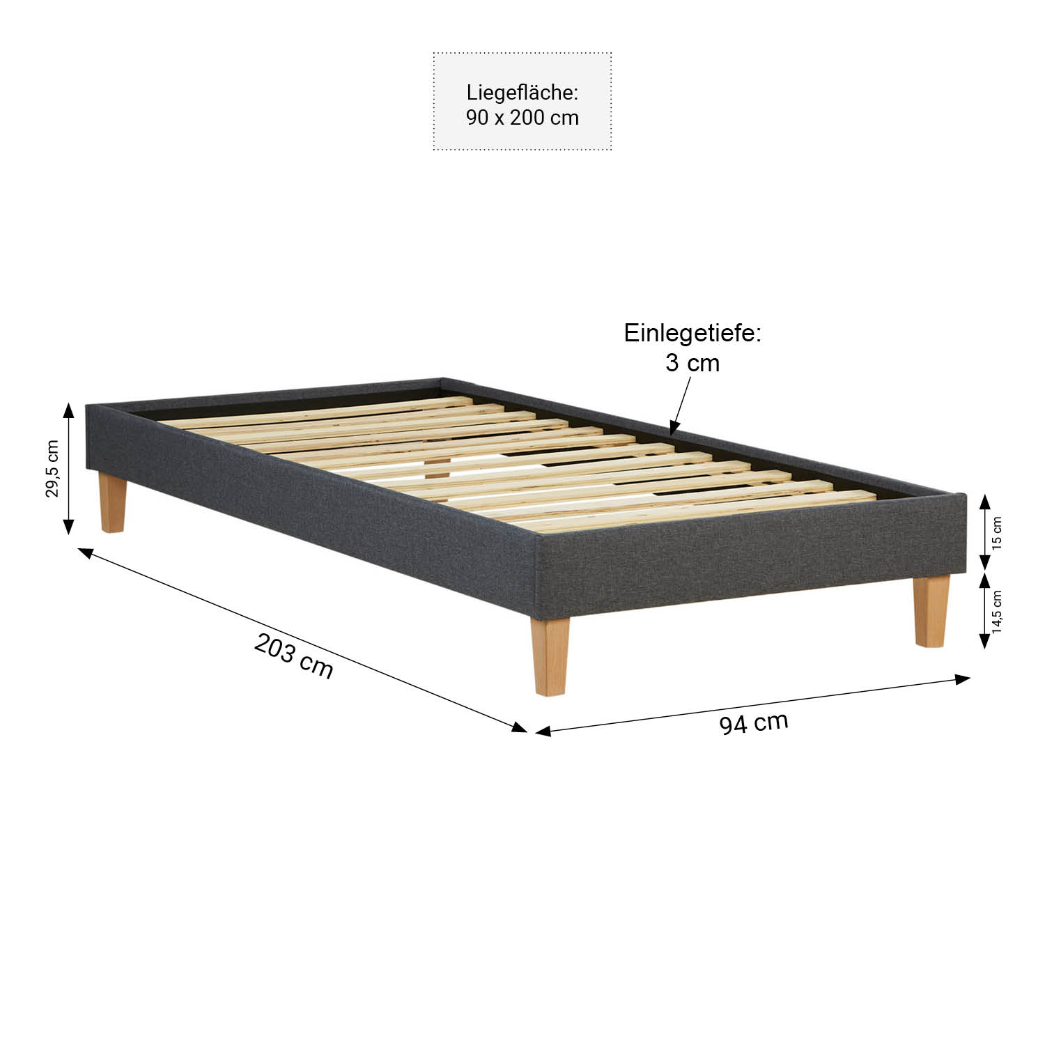 Lit rembourré avec matelas 90x200 Sommier à lattes Lit simple en tissu Cadre de lit Lit Gris