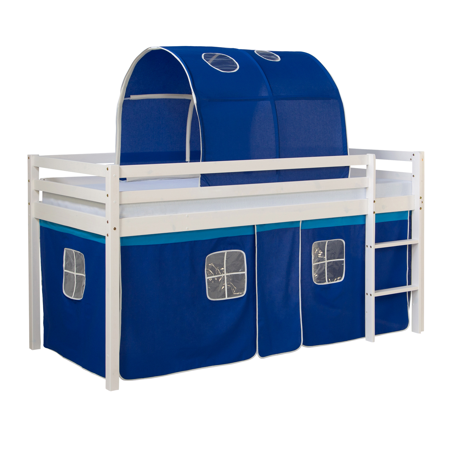 Loft Bed Kids 90x200 cm White with Curtain in Blue | Tunnel | without Slatted Frame Loft Bed Kids 90x200 cm White with Curtain in Blue | Tunnel | without Slatted Frame