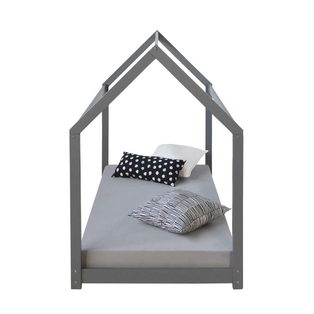 Lit Enfant 90x200 cm Gris | Lit Cabane | Lit Simple | avec Sommier | Bois | Lit au Sol