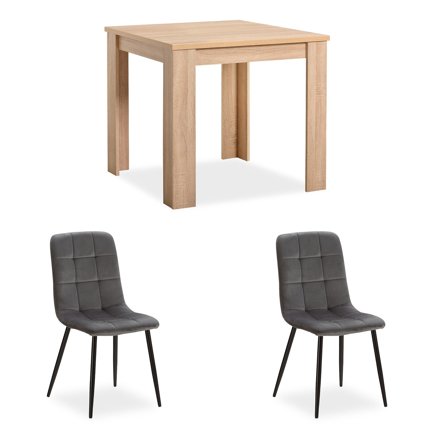 Modern Dining Table Sonoma Oak 80x80 cm with 2 Grey Velvet Chairs Dining Room Table Natural Wooden Table