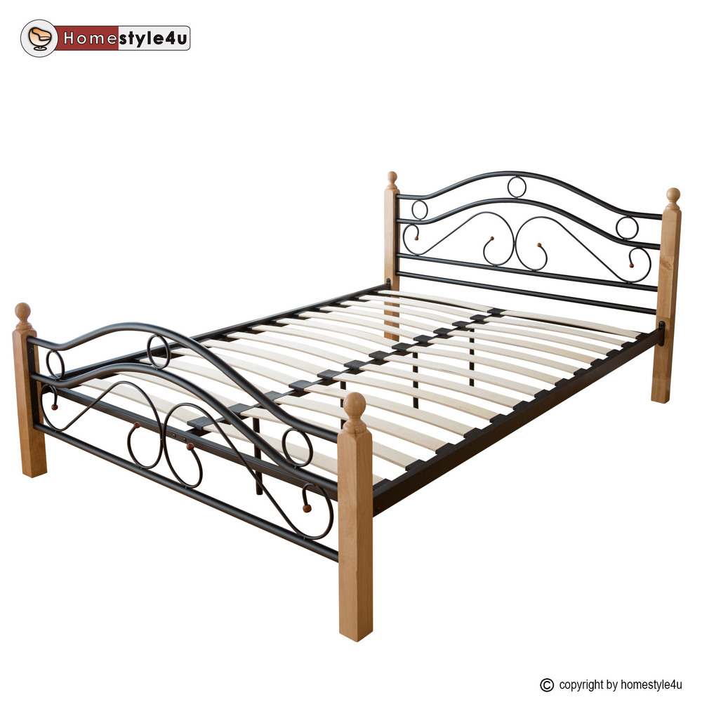 Metal Bed Iron Bed Double 180 x 200 Wood Slatted black natural bed frame 803 Metal Bed Iron Bed Double 160 x 200 Wood Slatted black natural bed frame 803