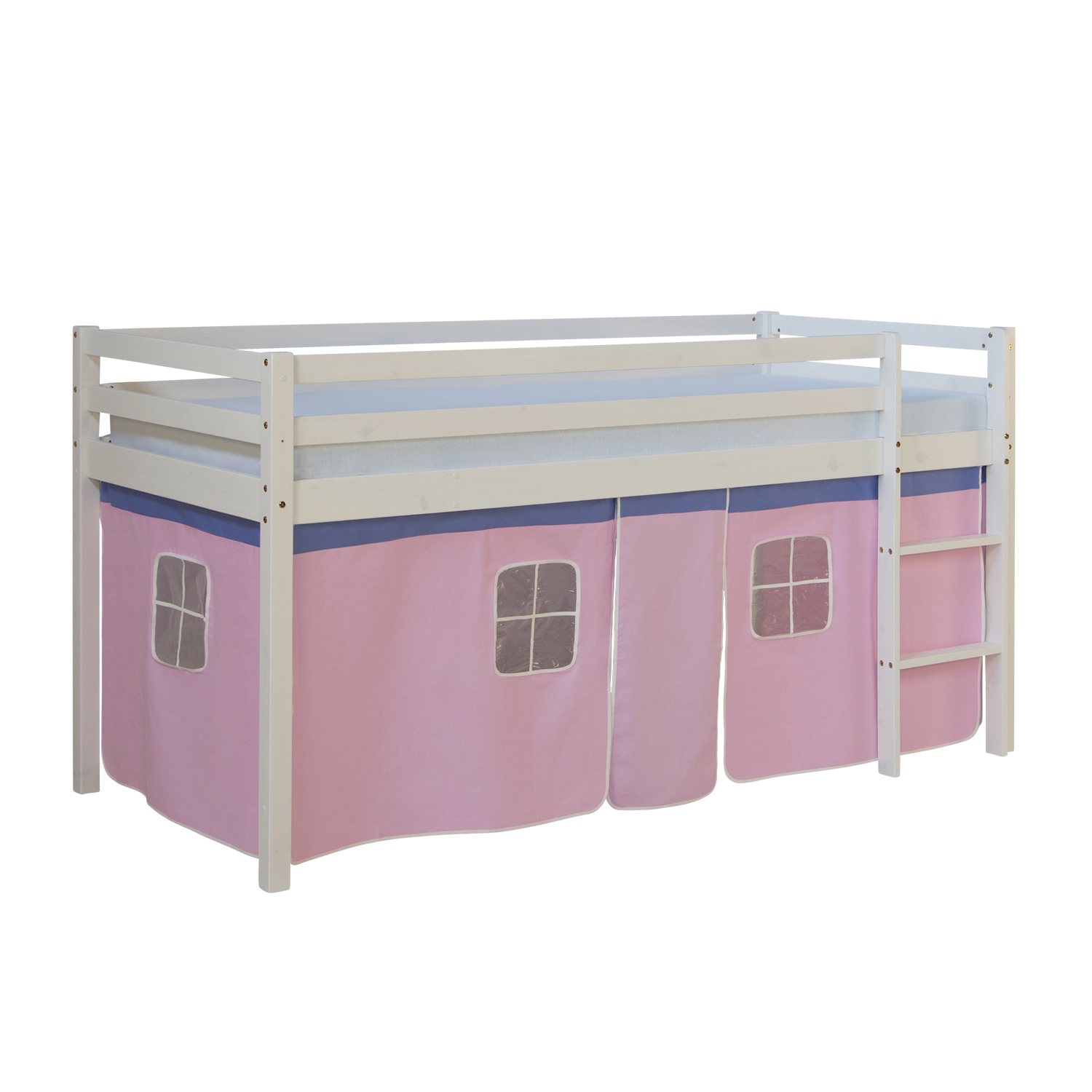 Lit Mezzanine Enfant 90x200 cm Blanc avec Rideau Rose | sans Sommier