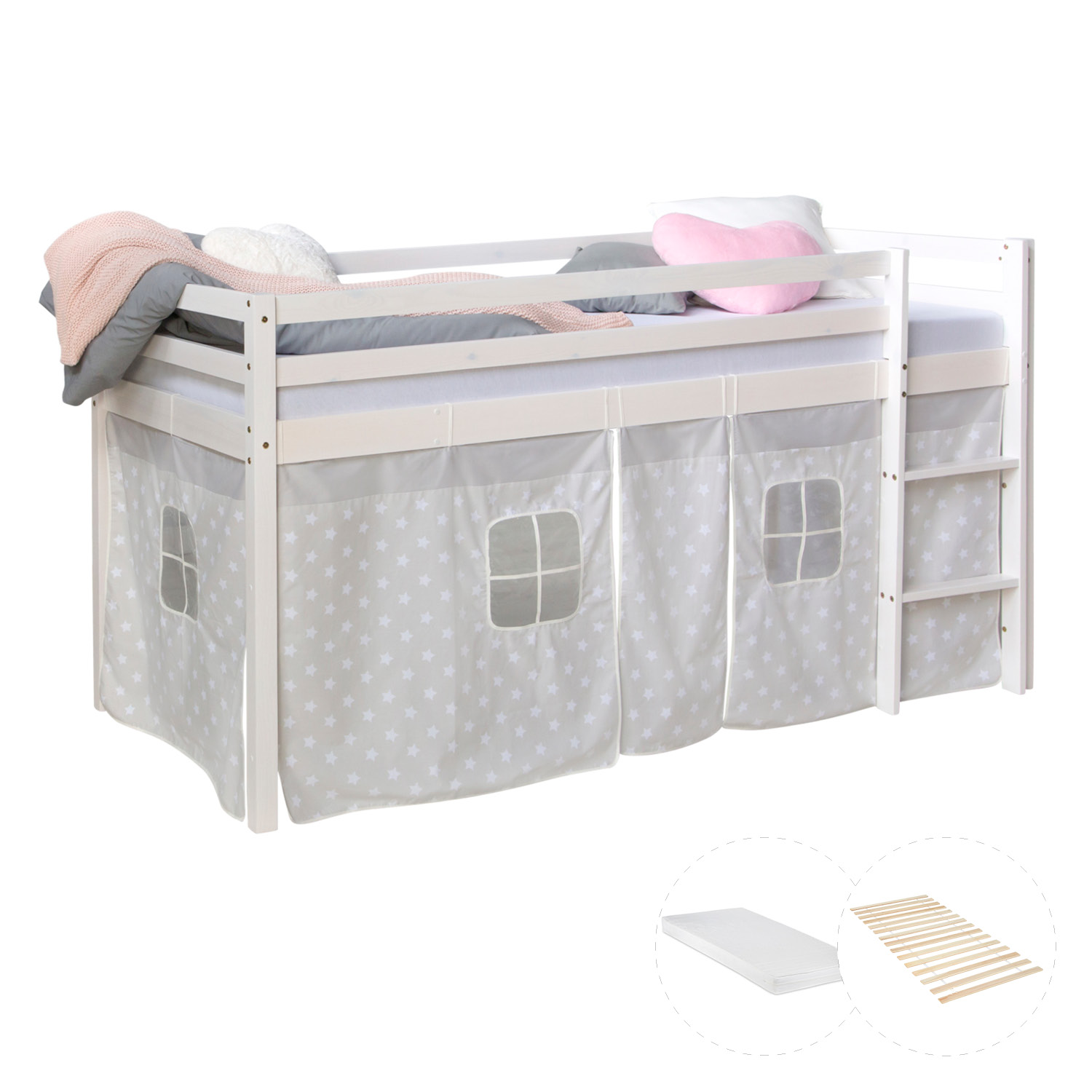 Loftbed 90x200 cm with Mattress Bunk bed Childrens bed Solid Pine Wood Curtain Grey Stars Slats Loftbed 90x200 cm with Mattress Bunk bed Childrens bed Solid Pine Wood Curtain Grey Stars Slats
