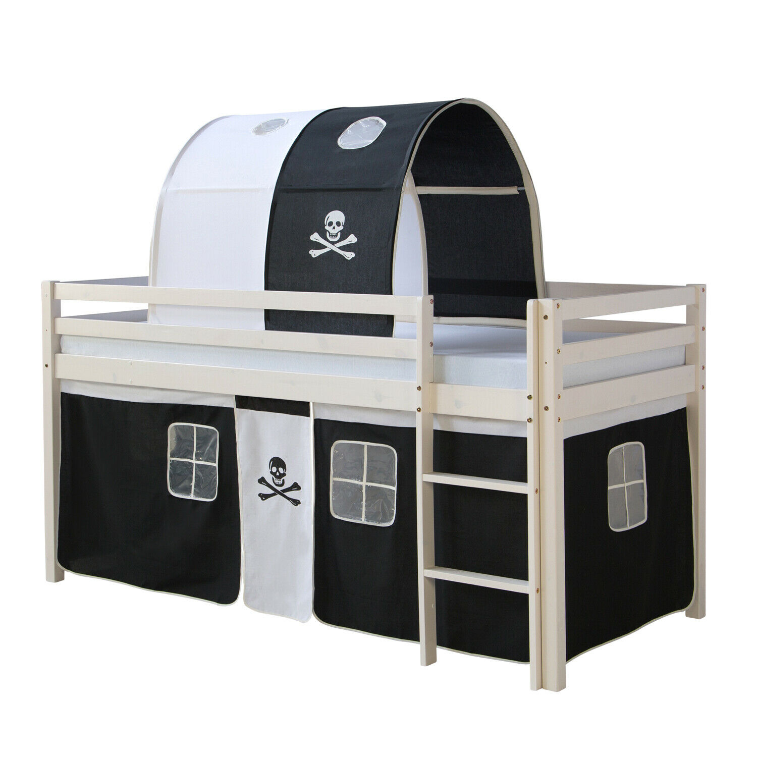 Loft Bed Kids 90x200 cm White with Curtain in Black | Tunnel | without Slatted Frame