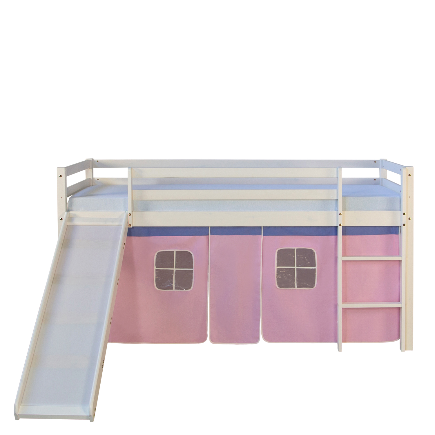 Loft Bed Kids 90x200 cm White with Curtain in Pink | Slide | with Slatted Frame Loft Bed Kids 90x200 cm White with Curtain in Pink | Slide | with Slatted Frame