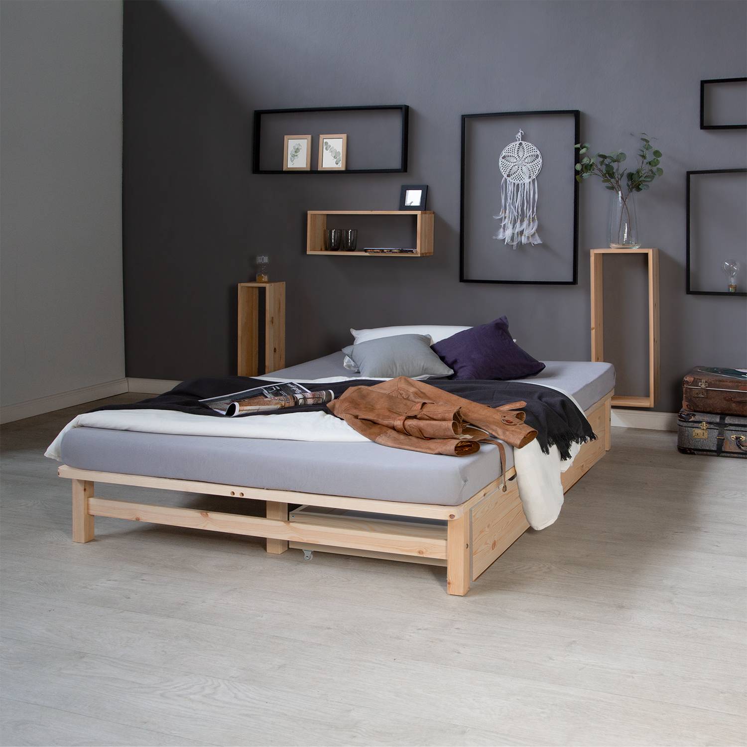 Pallet Bed 140x200 cm Natural | Double Bed with Storage Drawers | with Mattress | Wood | Kids Youth Guest Bedroom