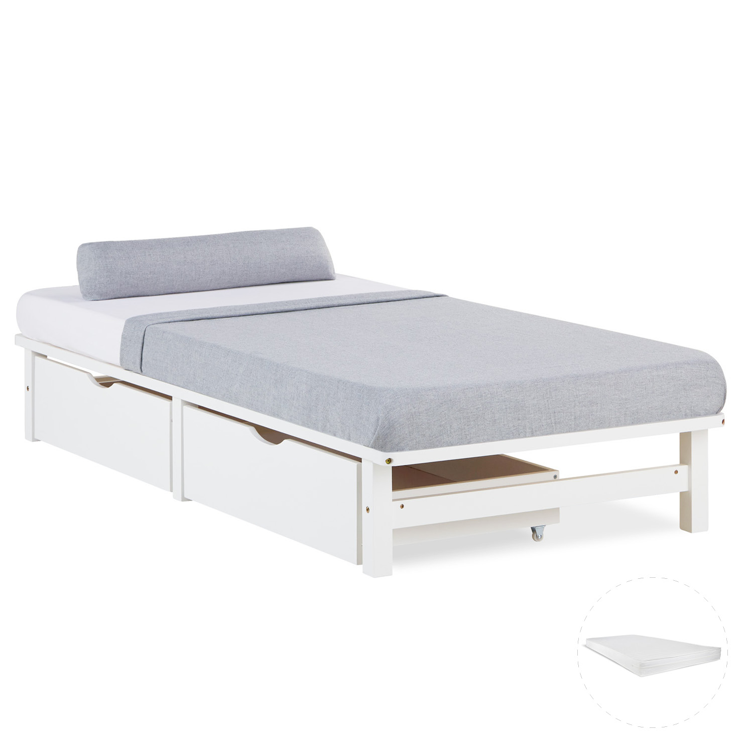 Pallet Bed 90x200 cm White | Single Bed with Storage Drawers | with Mattress | Wood | Kids Youth Guest Bedroom