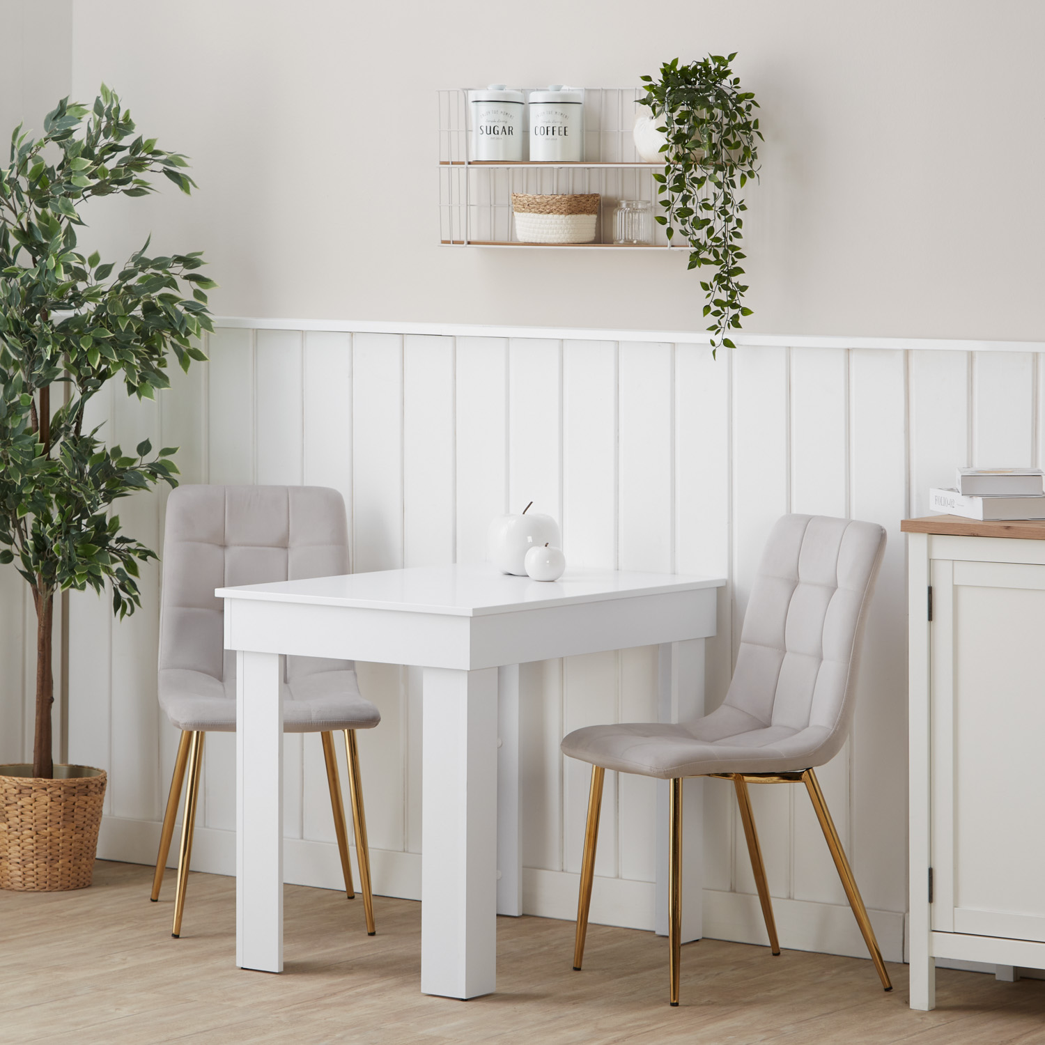 Modern Dining Table White 90x60 cm with 2 Creme Velvet Chairs Dining Room Table Wooden Table
