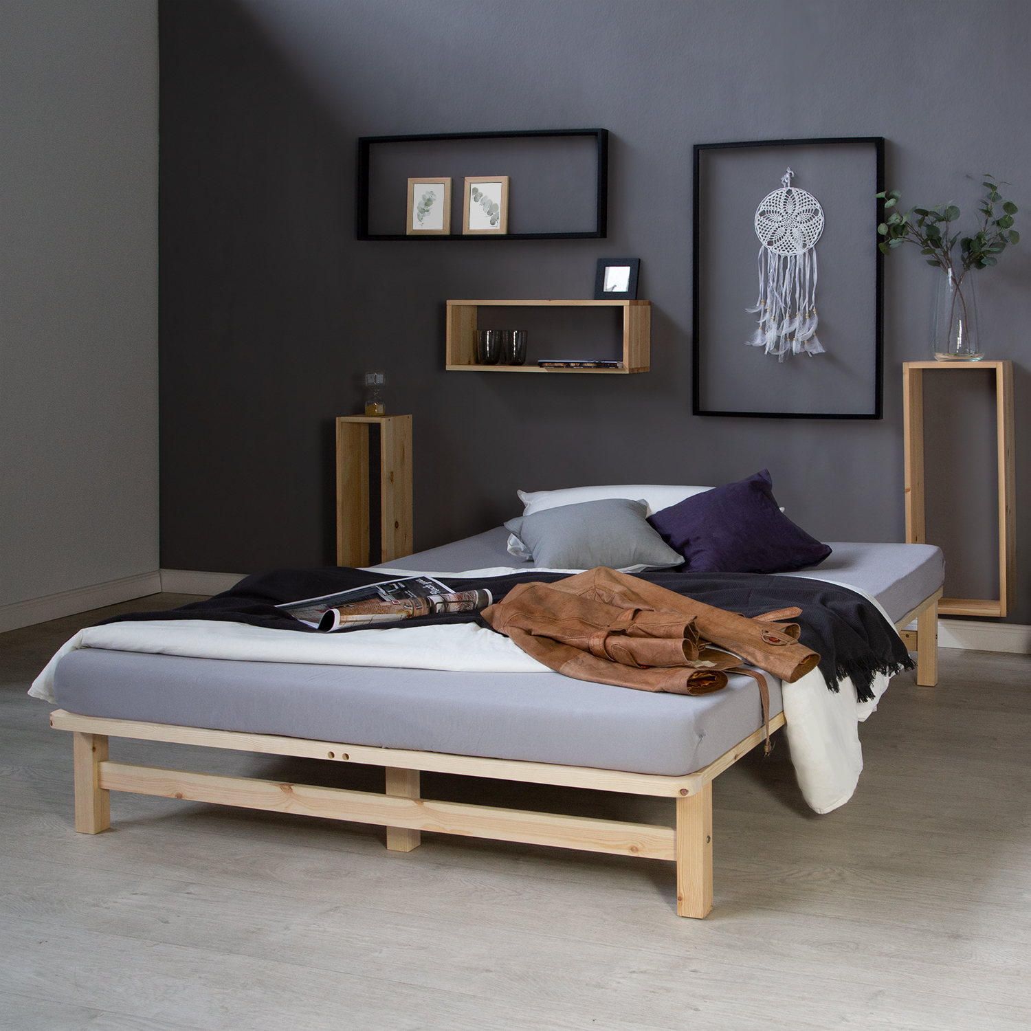 Pallet Bed 140x200 cm Natural | Double Bed with Mattress | with Slatted Frame | Wood | Kids Youth Guest Bedroom