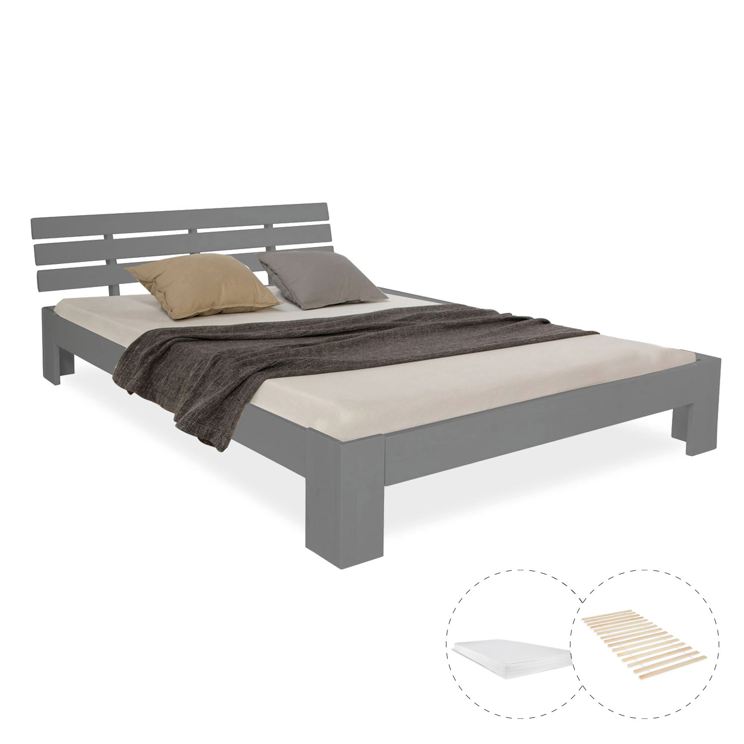 Double Bed with Mattress and Slatted Frame 140x200 Bed Grey Solid Pine Bedstead Wooden Bed Futon Bed