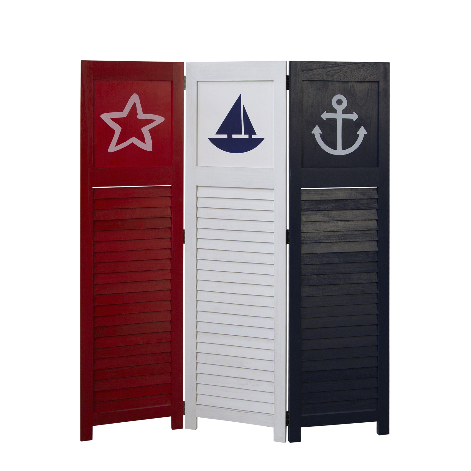 Paravent Red White Black Maritime Motifs | 3-panel | Wood | Room Divider Partition Privacy Screen