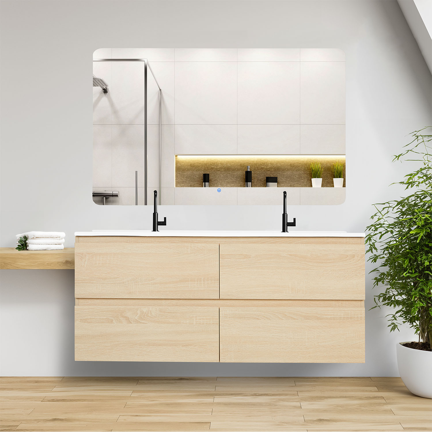 Bathroom mirror and cabinet 120 cm Natural Wood Oak Storage Vanity unit Bathroom furniture Double Sink unit Washroom wall cabinet 