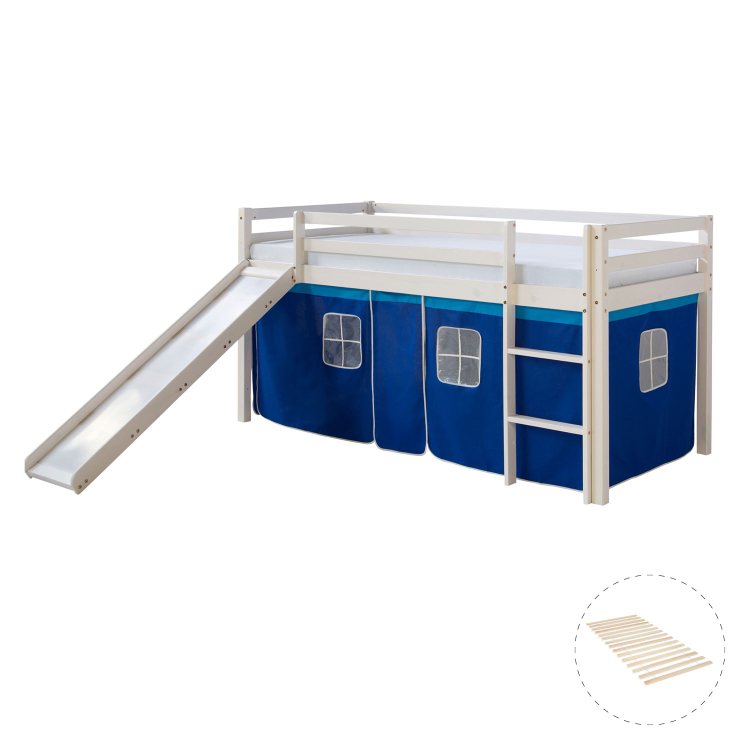 Loft Bed Kids 90x200 cm White with Curtain in Blue | Slide | with Slatted Frame Loft Bed Kids 90x200 cm White with Curtain in Blue | Slide | with Slatted Frame