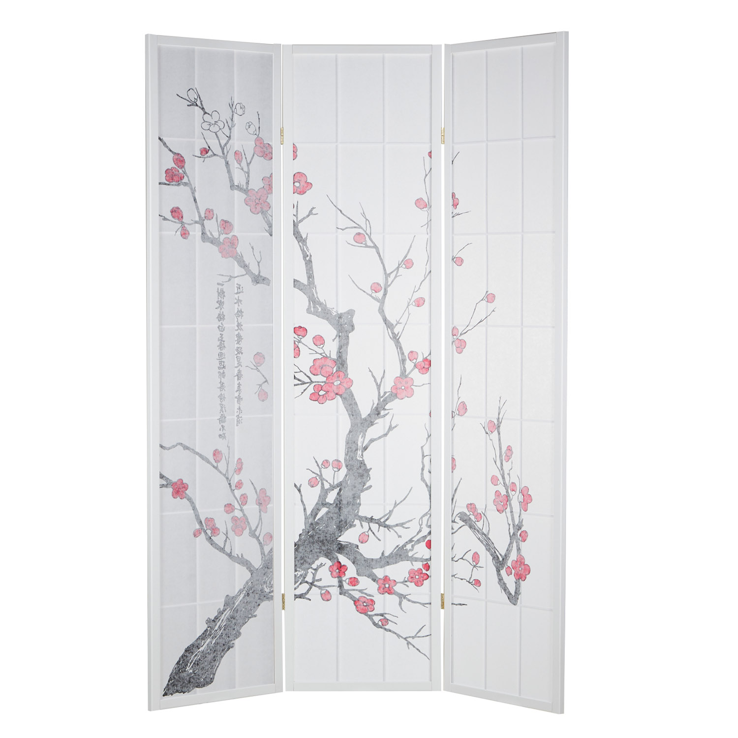 Screen room divider, 3 parts, wood rice paper white, cherry pattern, height 175 cm