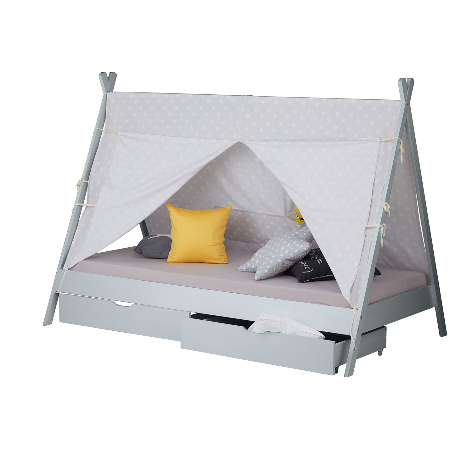 Children's Bed 90x200 cm Gray Gray Fabric | Tent Bed with Drawers | Single Bed | with Slatted Frame | Wood